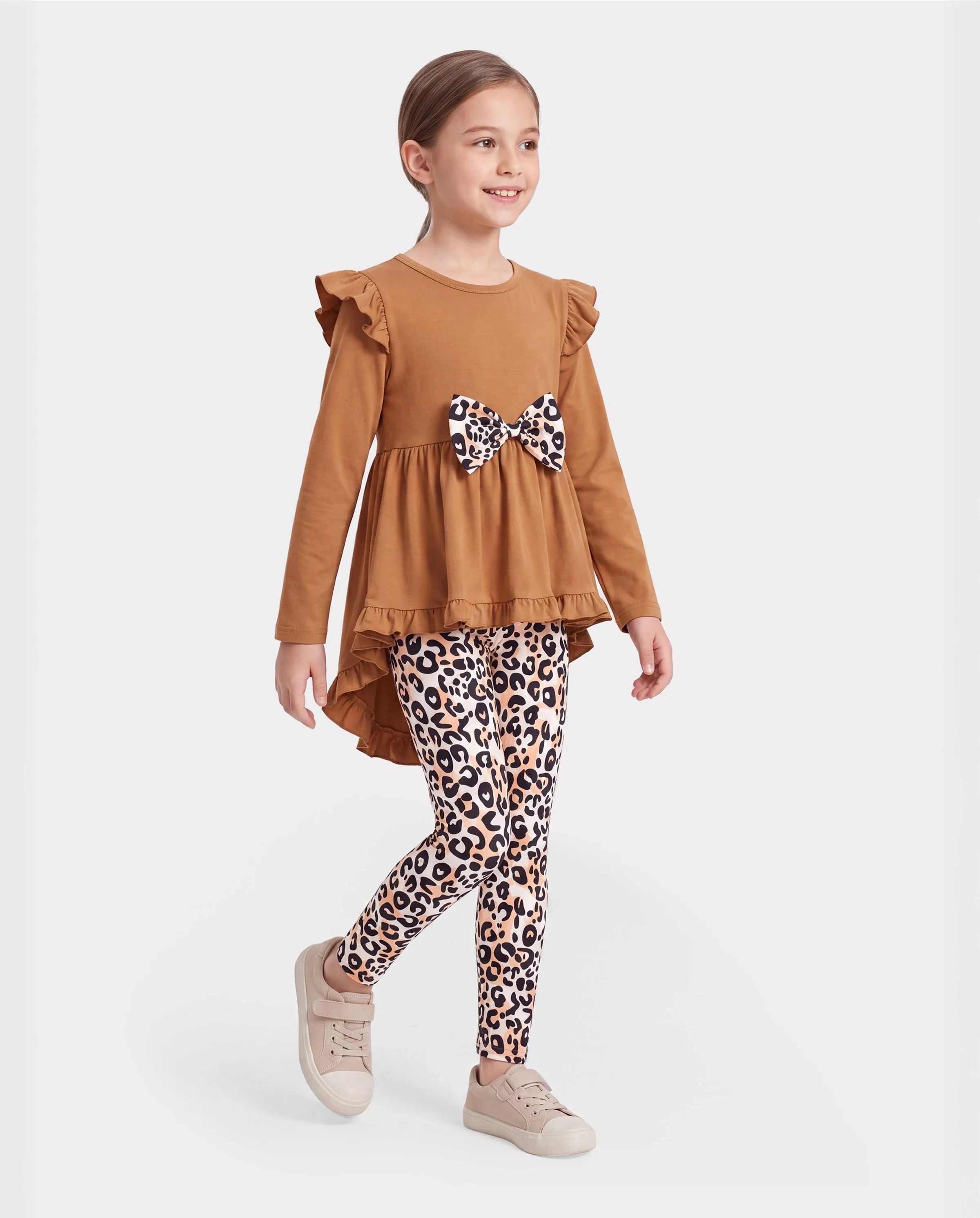 2-piece Kid Girl Bowknot Ruffled Long-sleeves Tee and Flower Allover Print Pants Brown - Image 2