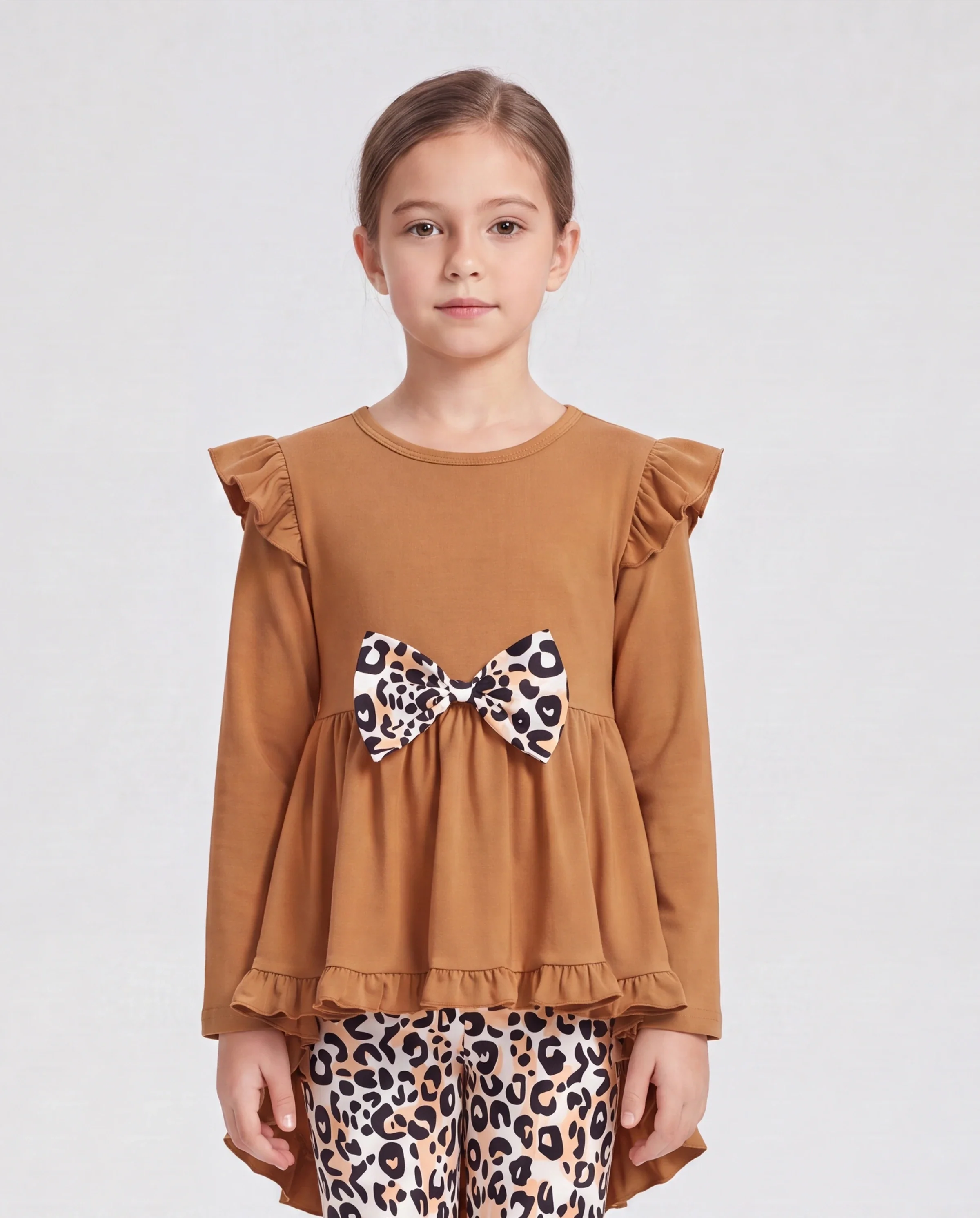 2-piece Kid Girl Bowknot Ruffled Long-sleeves Tee and Flower Allover Print Pants Brown - Image 3