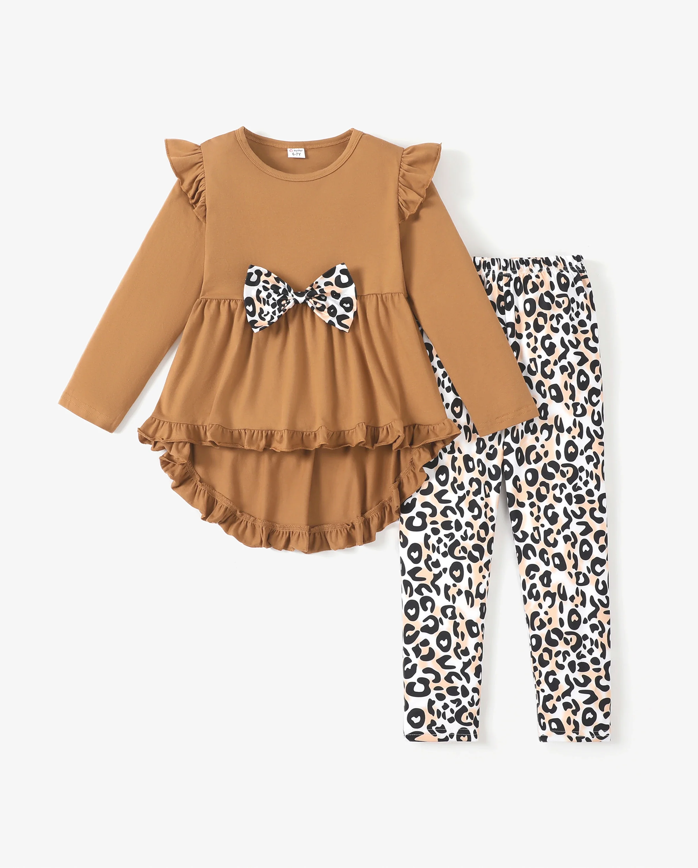 2-piece Kid Girl Bowknot Ruffled Long-sleeves Tee and Flower Allover Print Pants Brown - Image 7