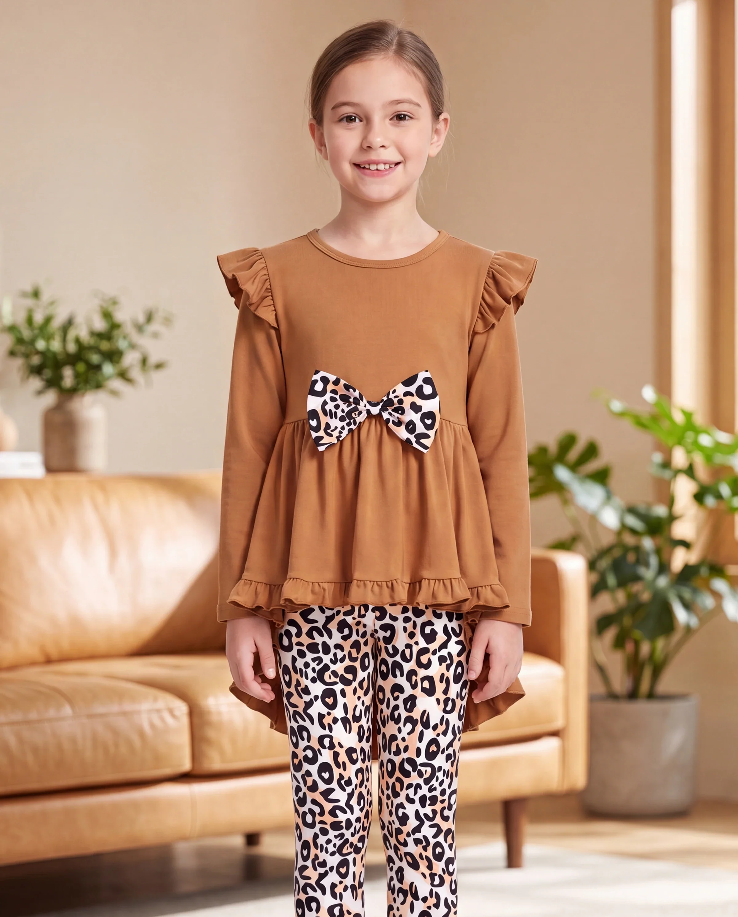 2-piece Kid Girl Bowknot Ruffled Long-sleeves Tee and Flower Allover Print Pants Brown - Image 8