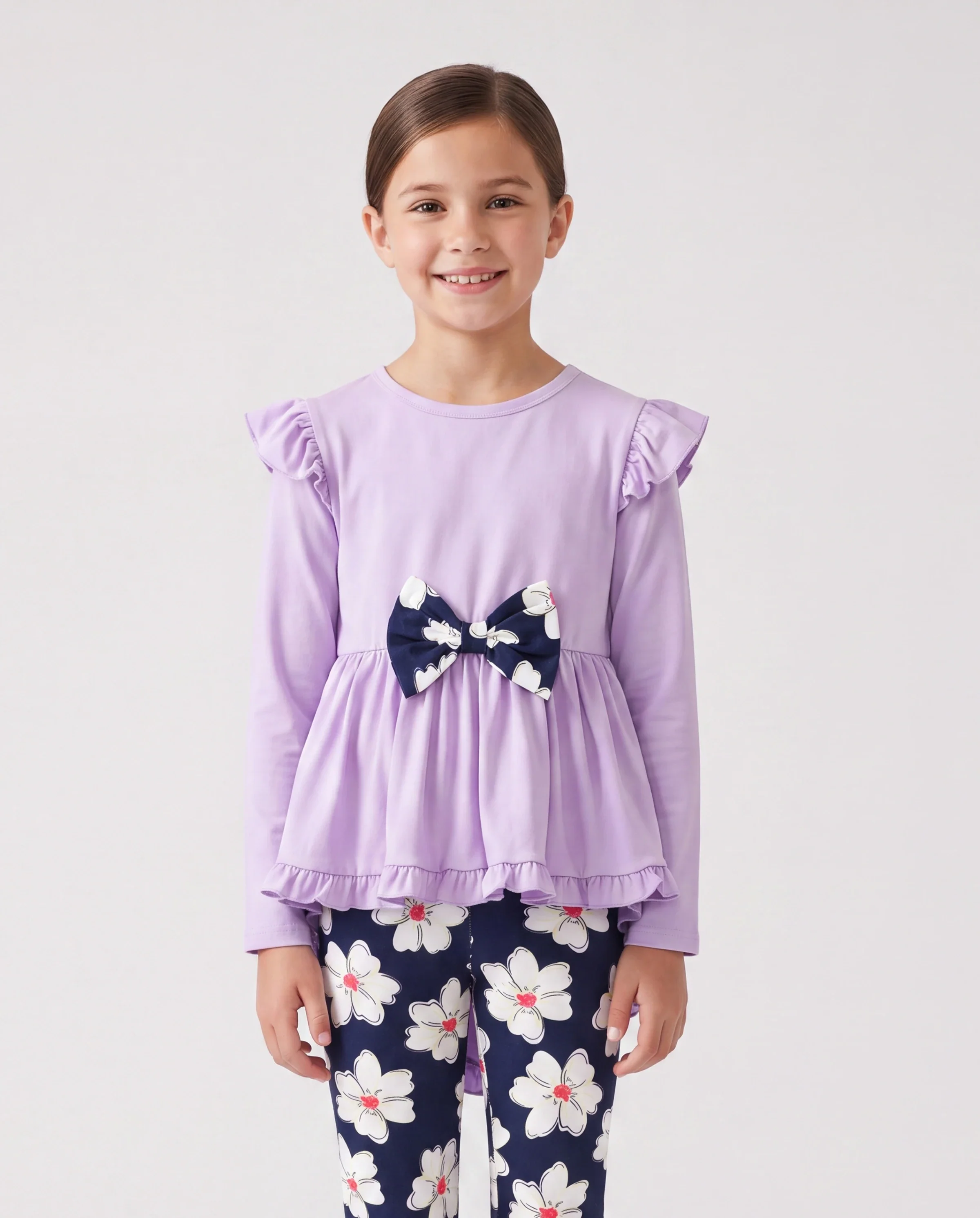 2-piece Kid Girl Bowknot Ruffled Long-sleeves Tee and Flower Allover Print Pants Light Purple - Image 3
