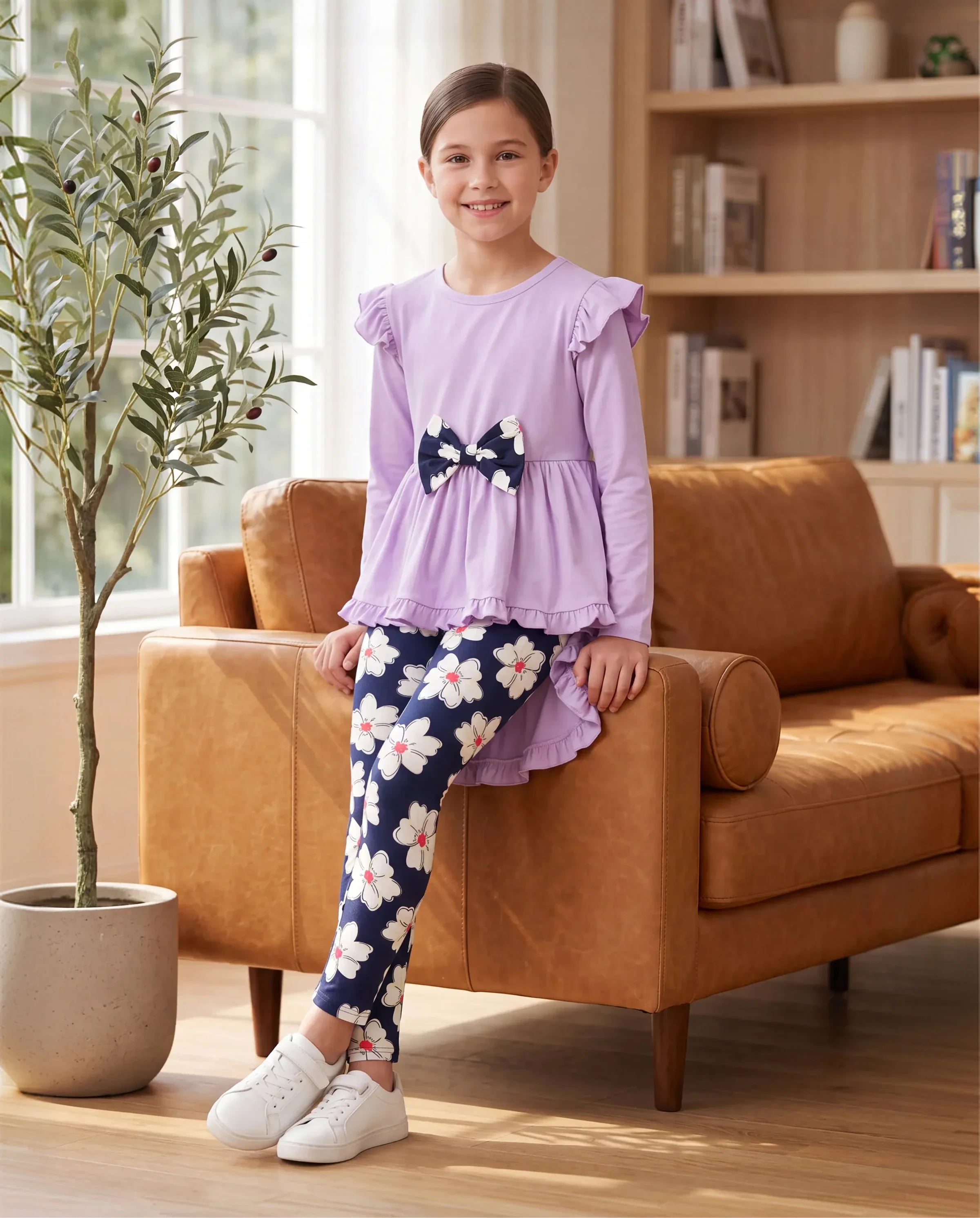 2-piece Kid Girl Bowknot Ruffled Long-sleeves Tee and Flower Allover Print Pants Light Purple - Image 8