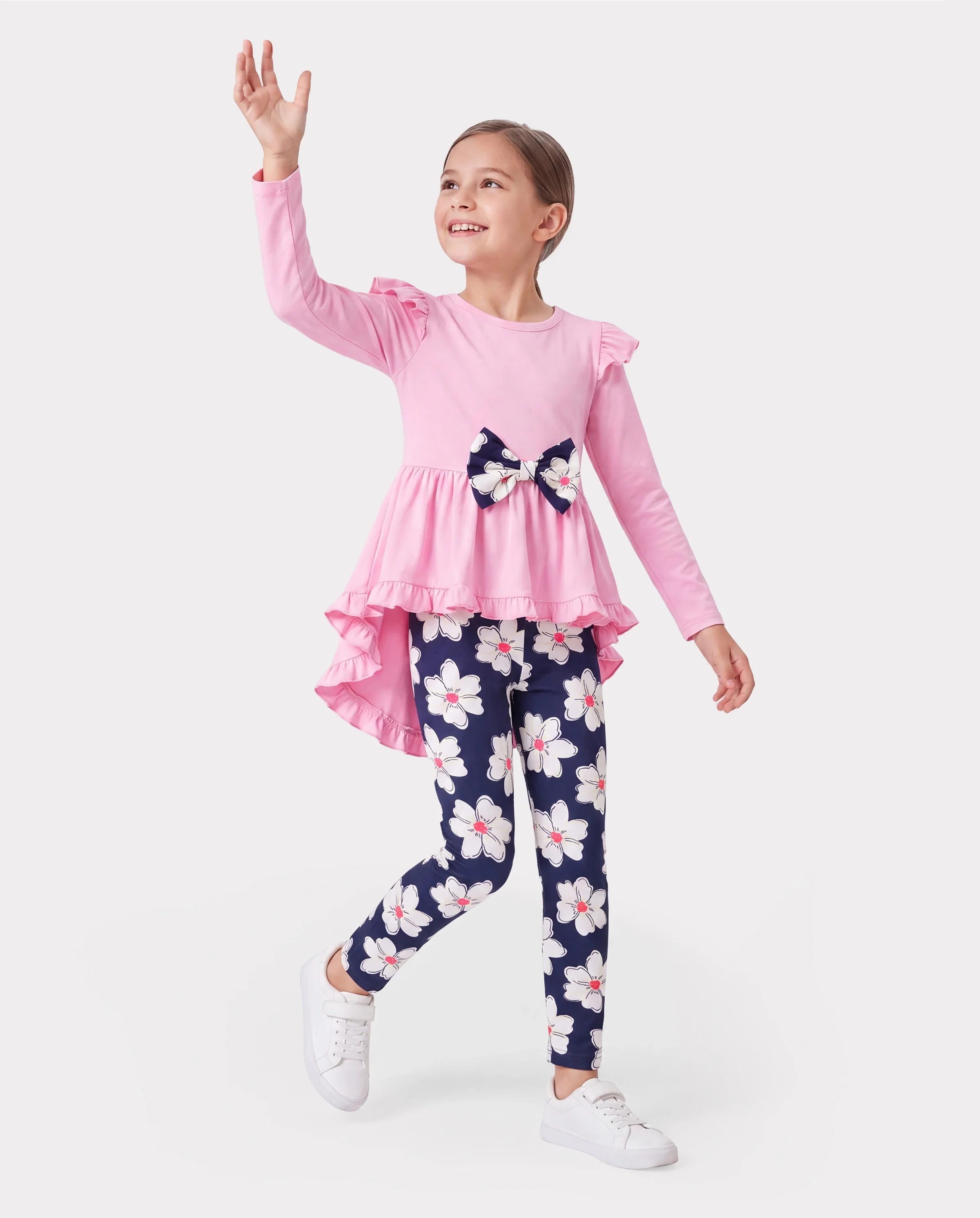 2-piece Kid Girl Bowknot Ruffled Long-sleeves Tee and Flower Allover Print Pants Pink - Image 2