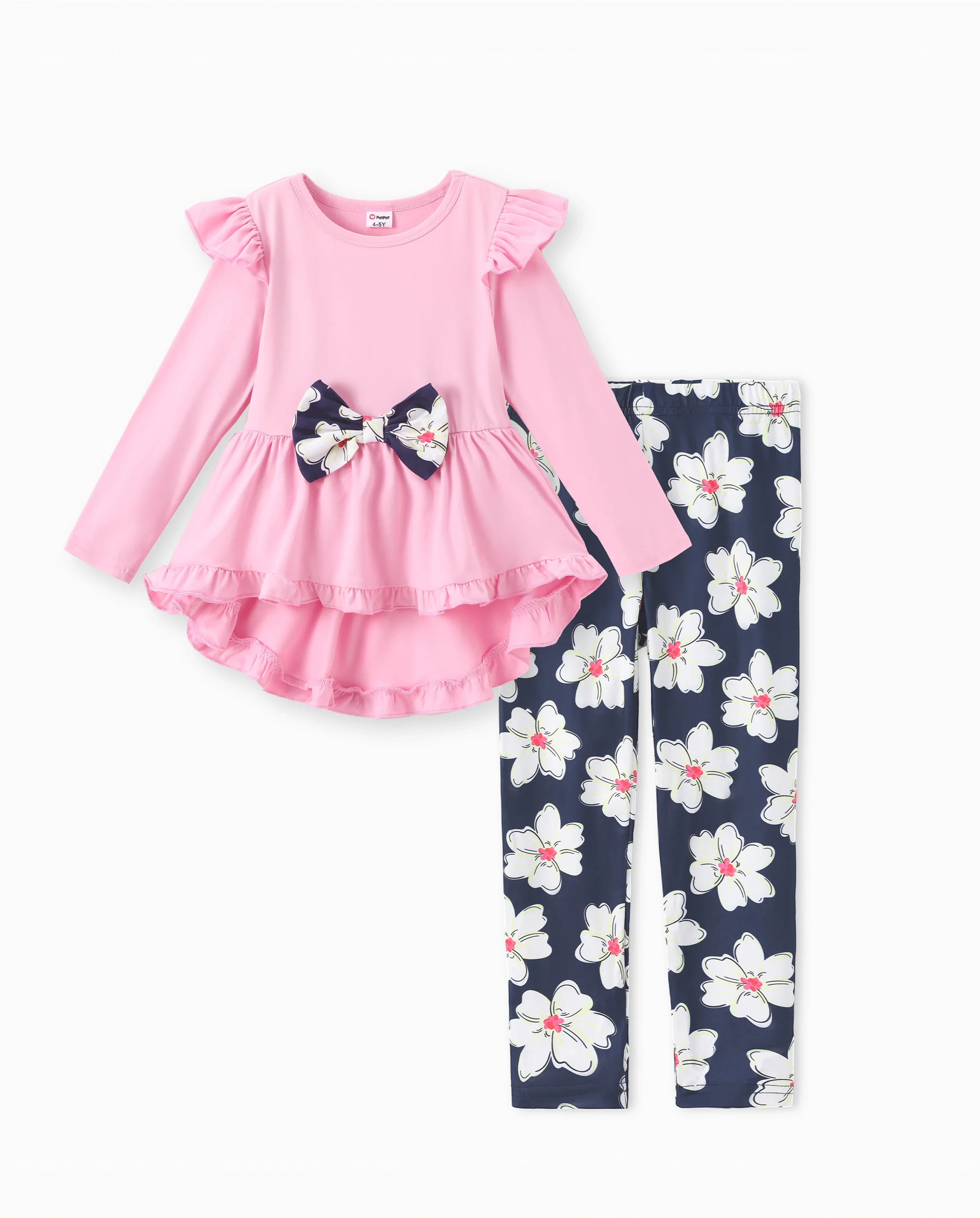 2-piece Kid Girl Bowknot Ruffled Long-sleeves Tee and Flower Allover Print Pants Pink - Image 7