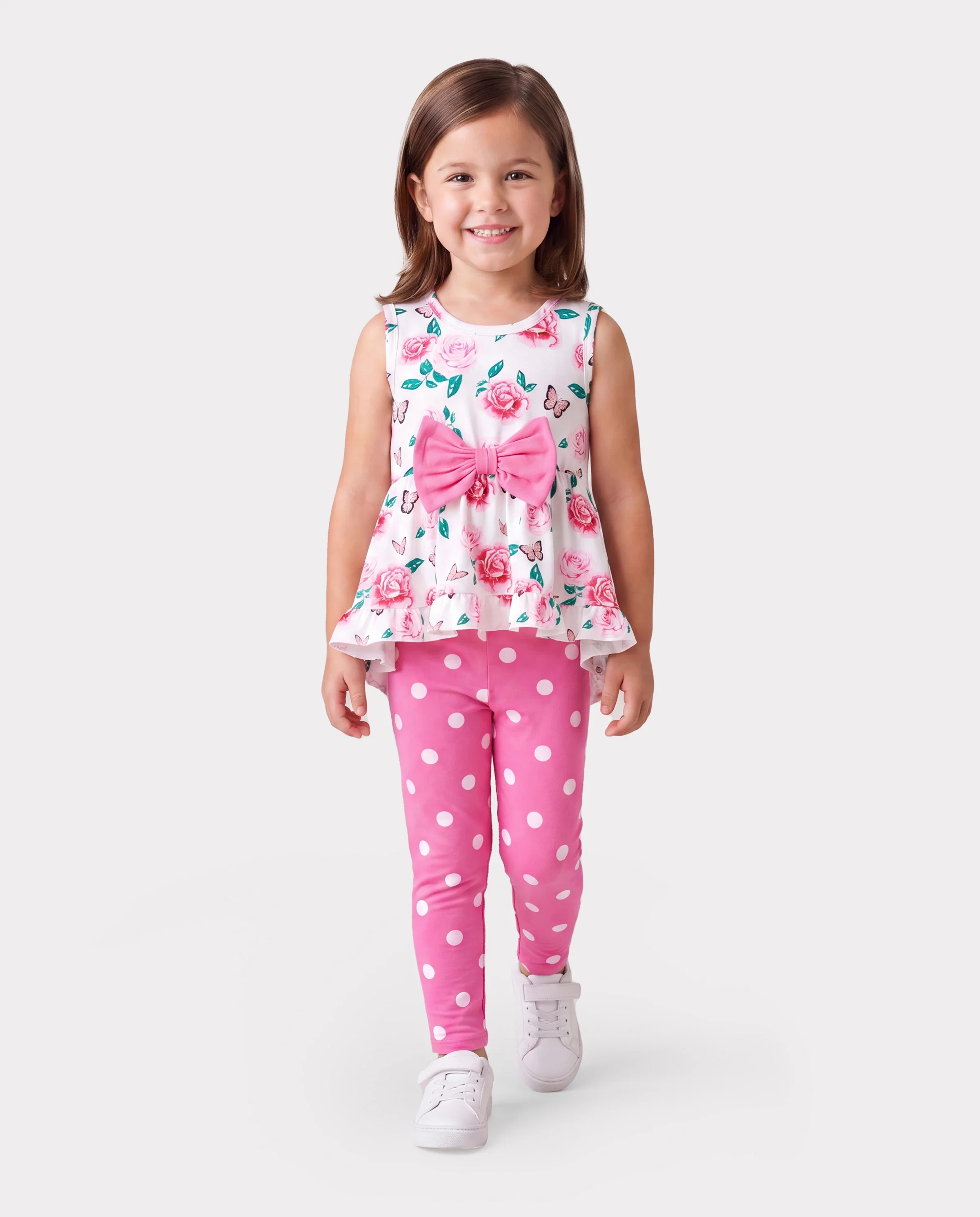 2-piece Toddler Girl Floral Print Bowknot Design Ruffled High Low Sleeveless Tee and Polka dots Pants Set Pink