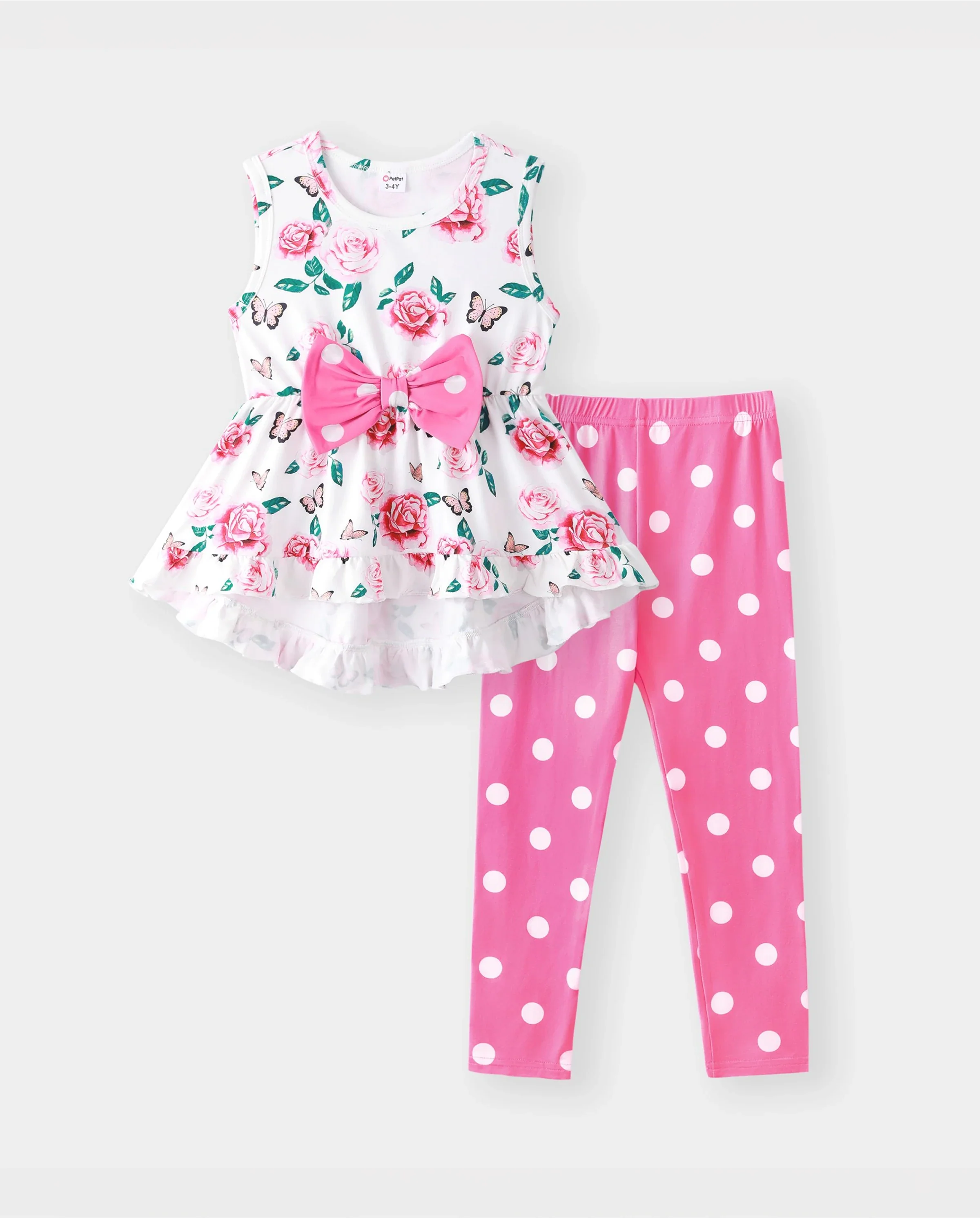 2-piece Toddler Girl Floral Print Bowknot Design Ruffled High Low Sleeveless Tee and Polka dots Pants Set Pink - Image 7