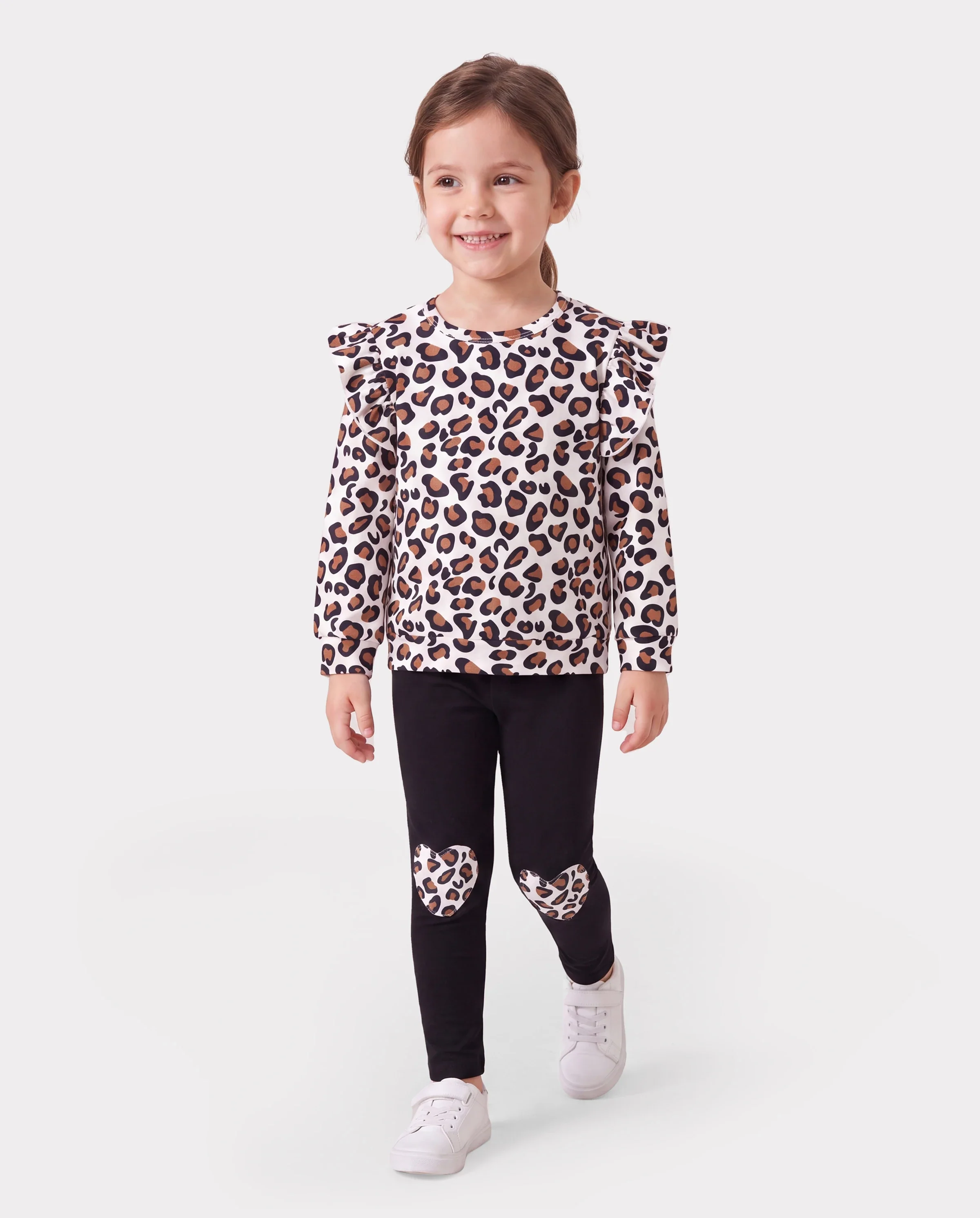 2-piece Toddler Girl Leopard Print Flutter Long-sleeve Top and Heart Pattern Pants Set Black