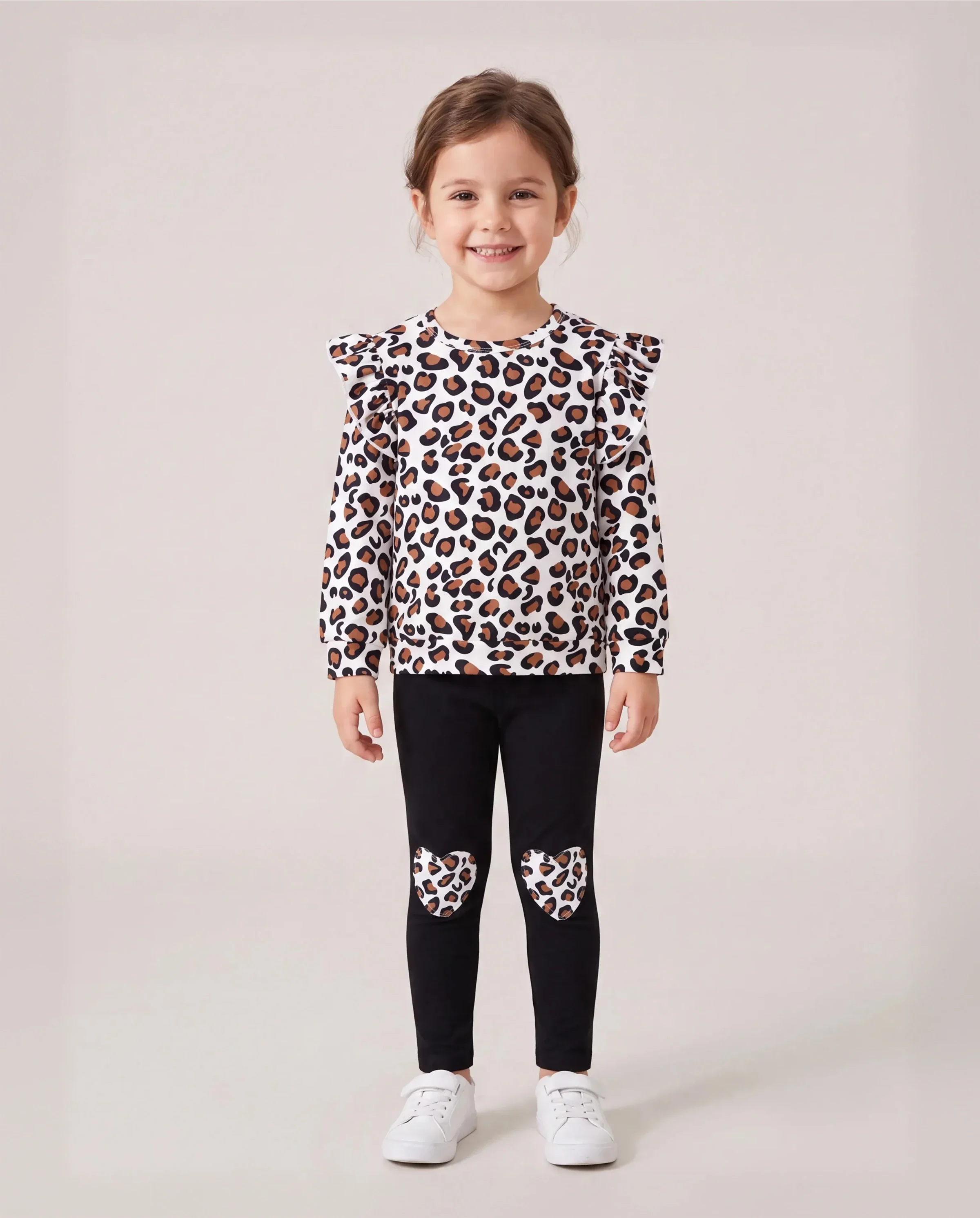 2-piece Toddler Girl Leopard Print Flutter Long-sleeve Top and Heart Pattern Pants Set Black - Image 2
