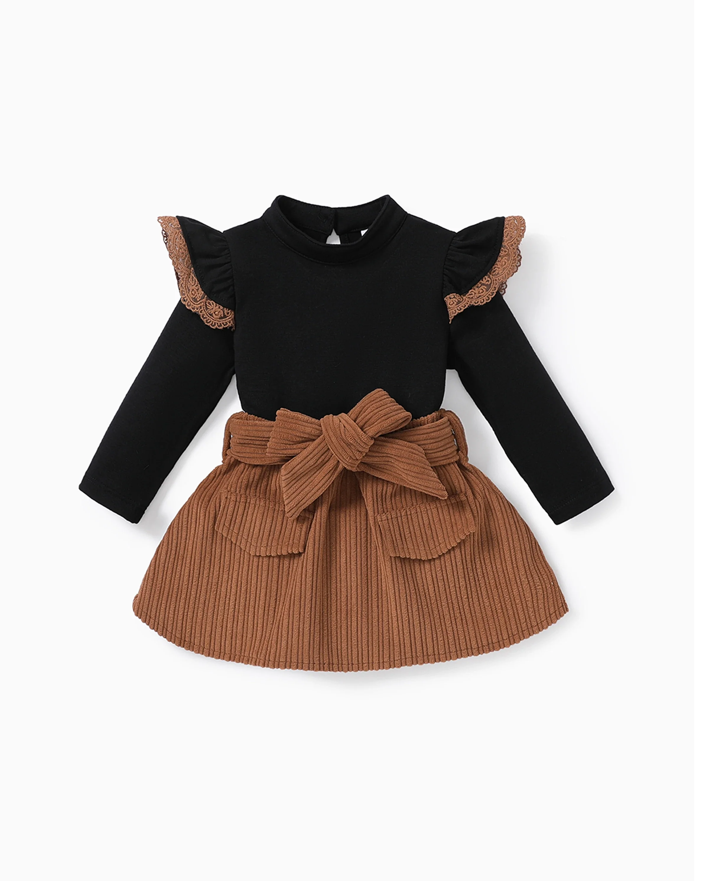 2PCS Baby Girl Solid Color Long Sleeve Lace Top/Belt Dress Set Brown - Image 5