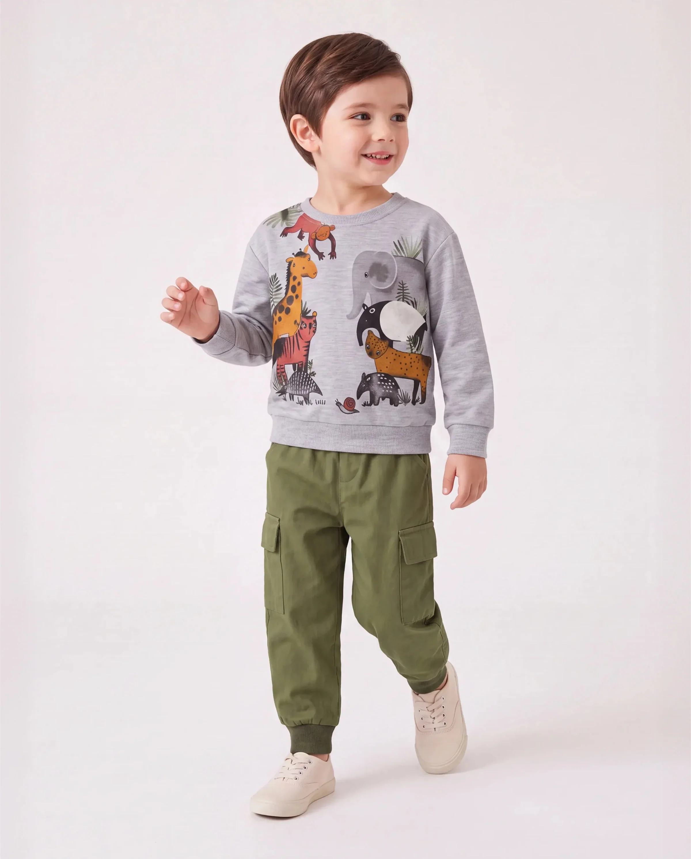 2pcs Toddler Boy Animal Pattern Patch Pocket Set Grey - Image 2