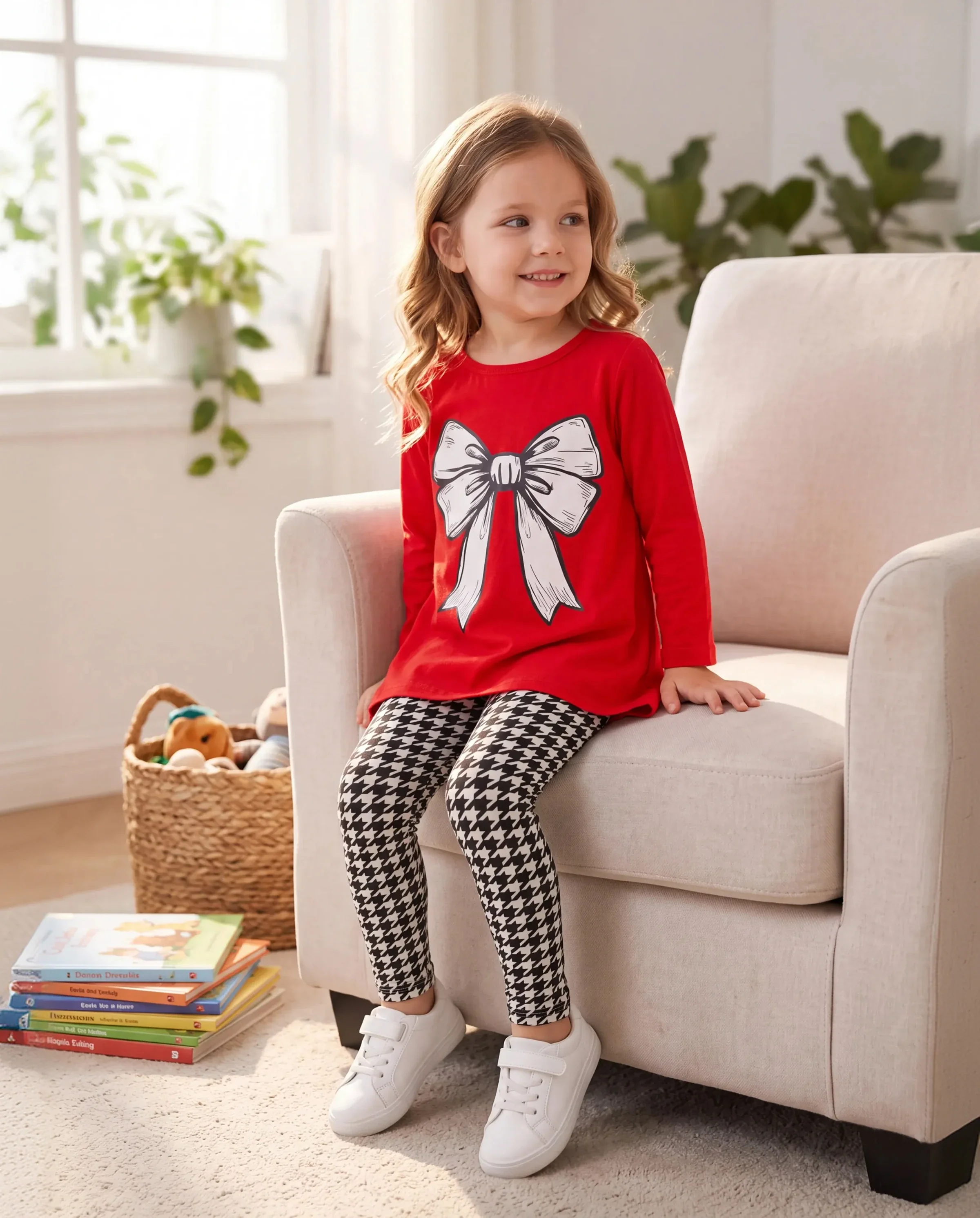 2pcs Toddler Girl Bowknot Print High Low Long-sleeve Tee and Houndstooth Leggings Set Red-2 - Image 7