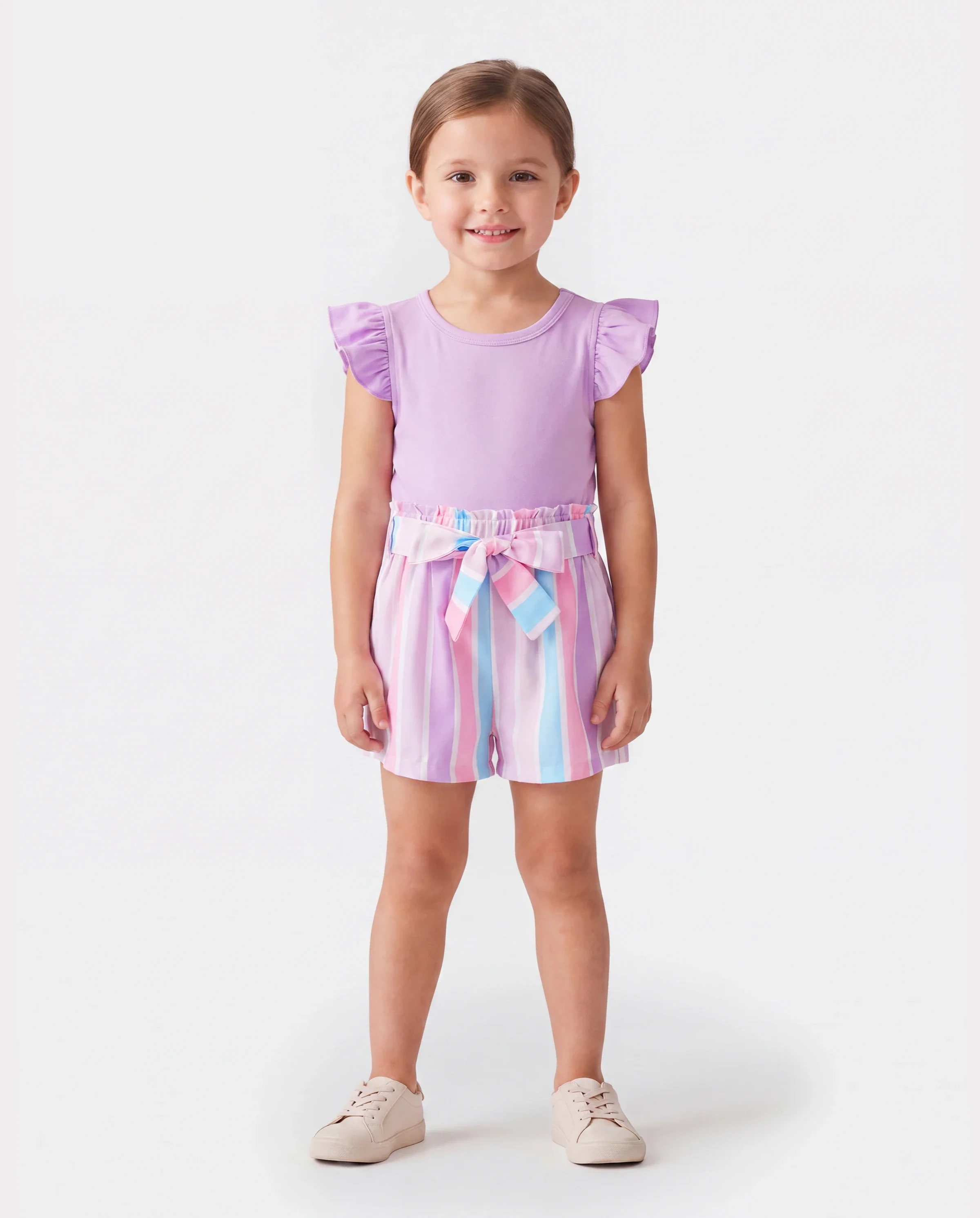 2pcs Toddler Girl Sweet Flutter-sleeve Tee and Stripe Belted Shorts Set Light Purple