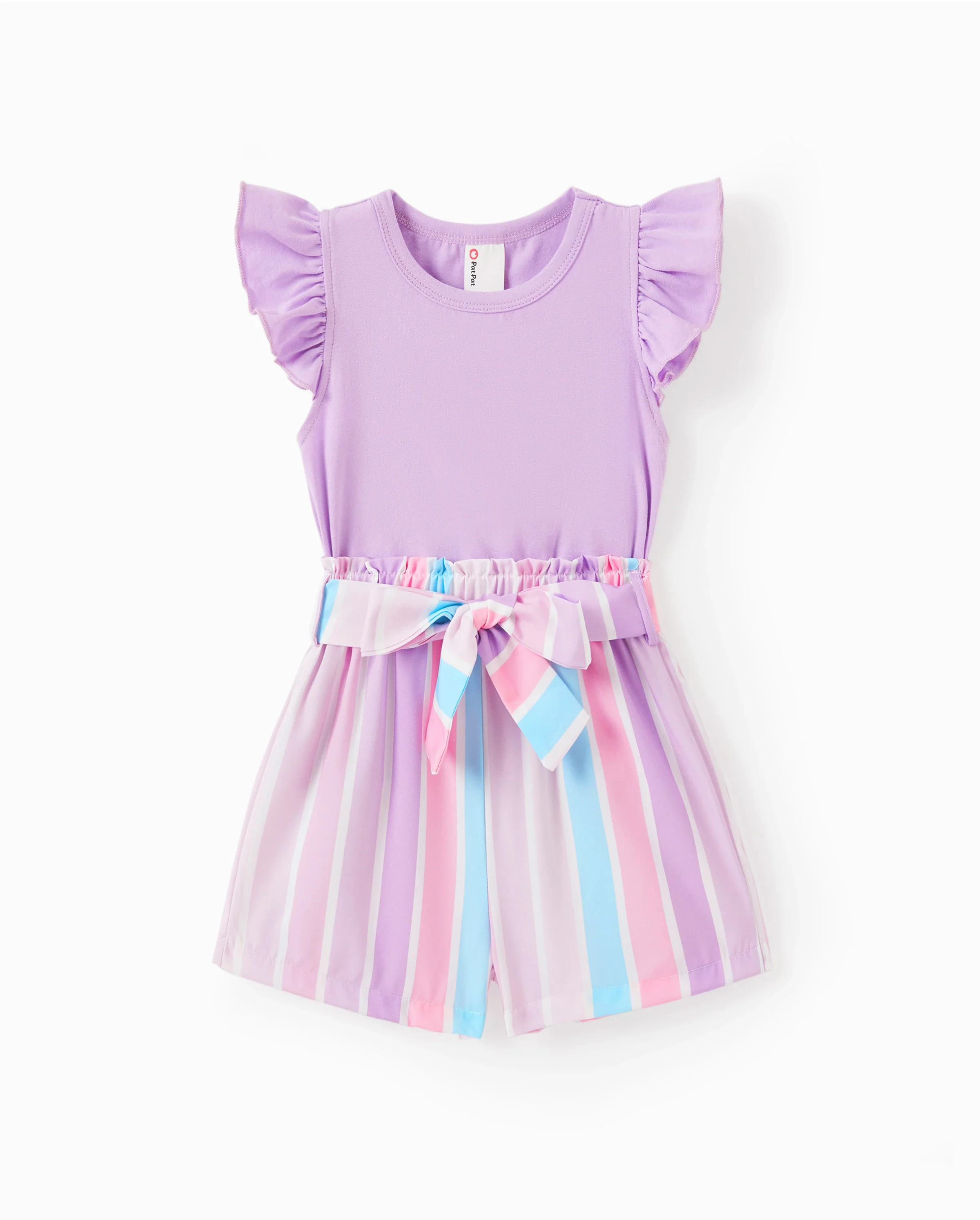 2pcs Toddler Girl Sweet Flutter-sleeve Tee and Stripe Belted Shorts Set Light Purple - Image 7