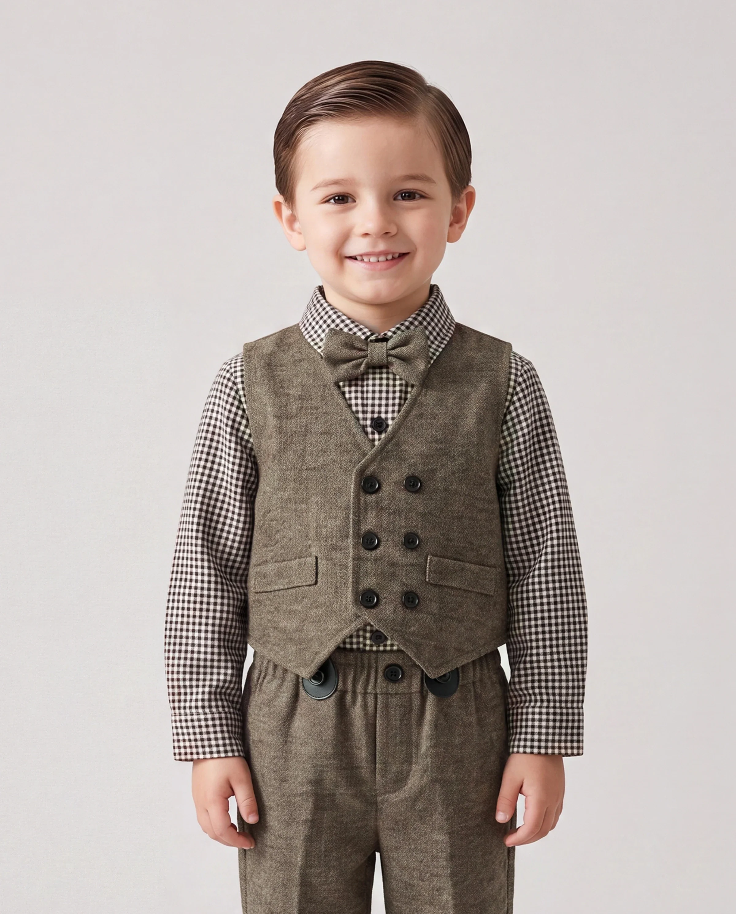 3PCS Baby Boy Elegant Grid/Houndstooth Shirt Collar Long Sleeve Set Brown - Image 2