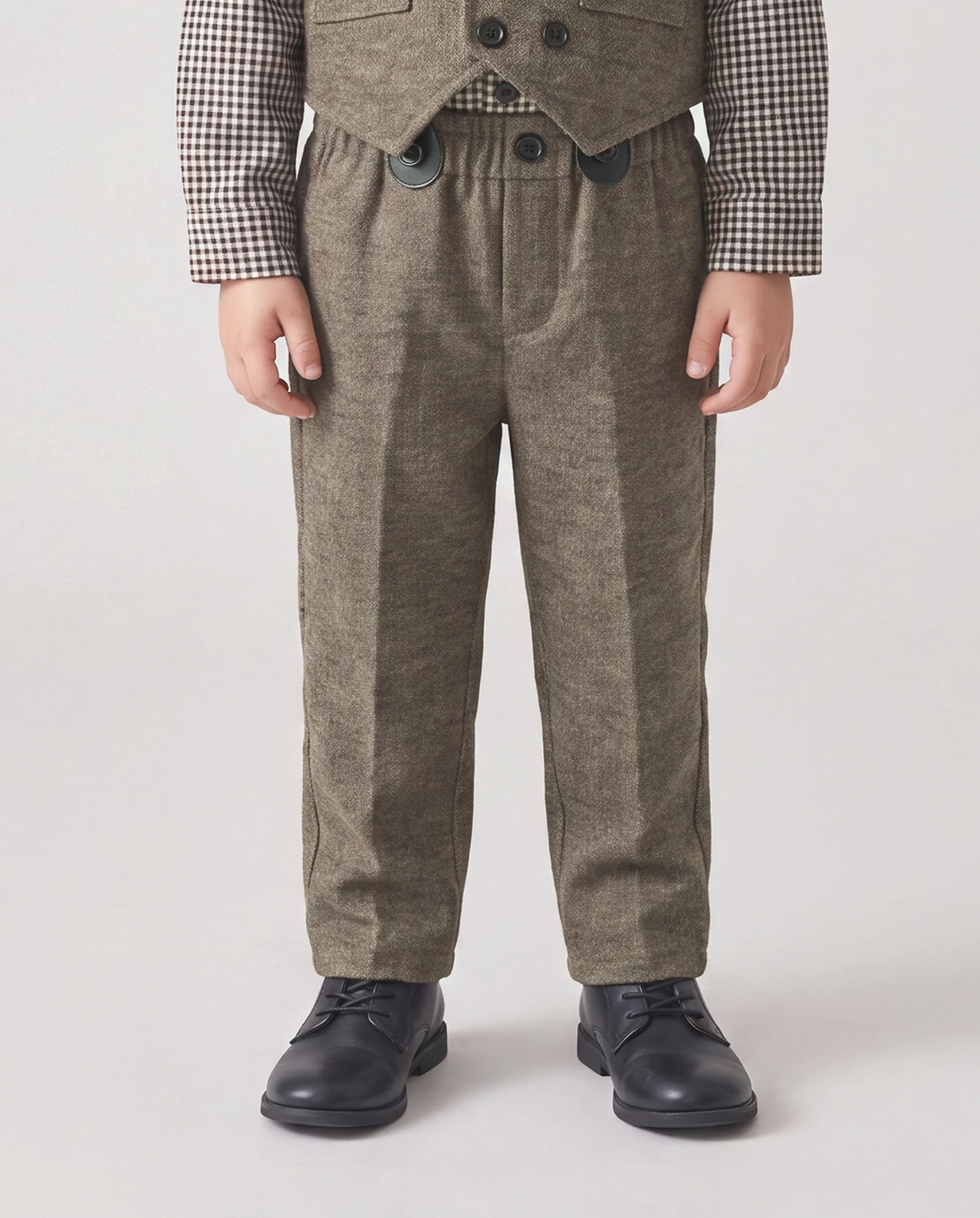 3PCS Baby Boy Elegant Grid/Houndstooth Shirt Collar Long Sleeve Set Brown - Image 3