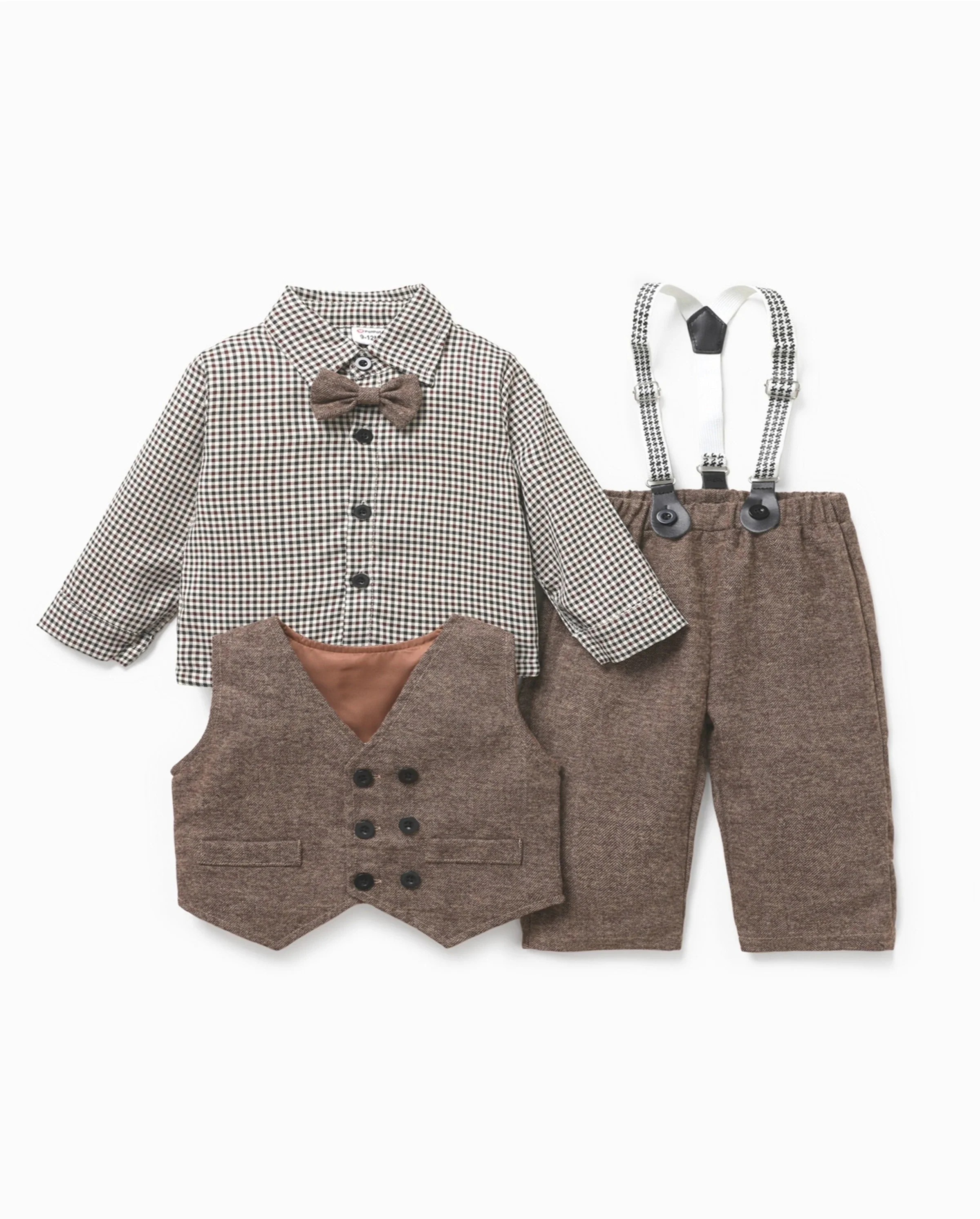 3PCS Baby Boy Elegant Grid/Houndstooth Shirt Collar Long Sleeve Set Brown - Image 7