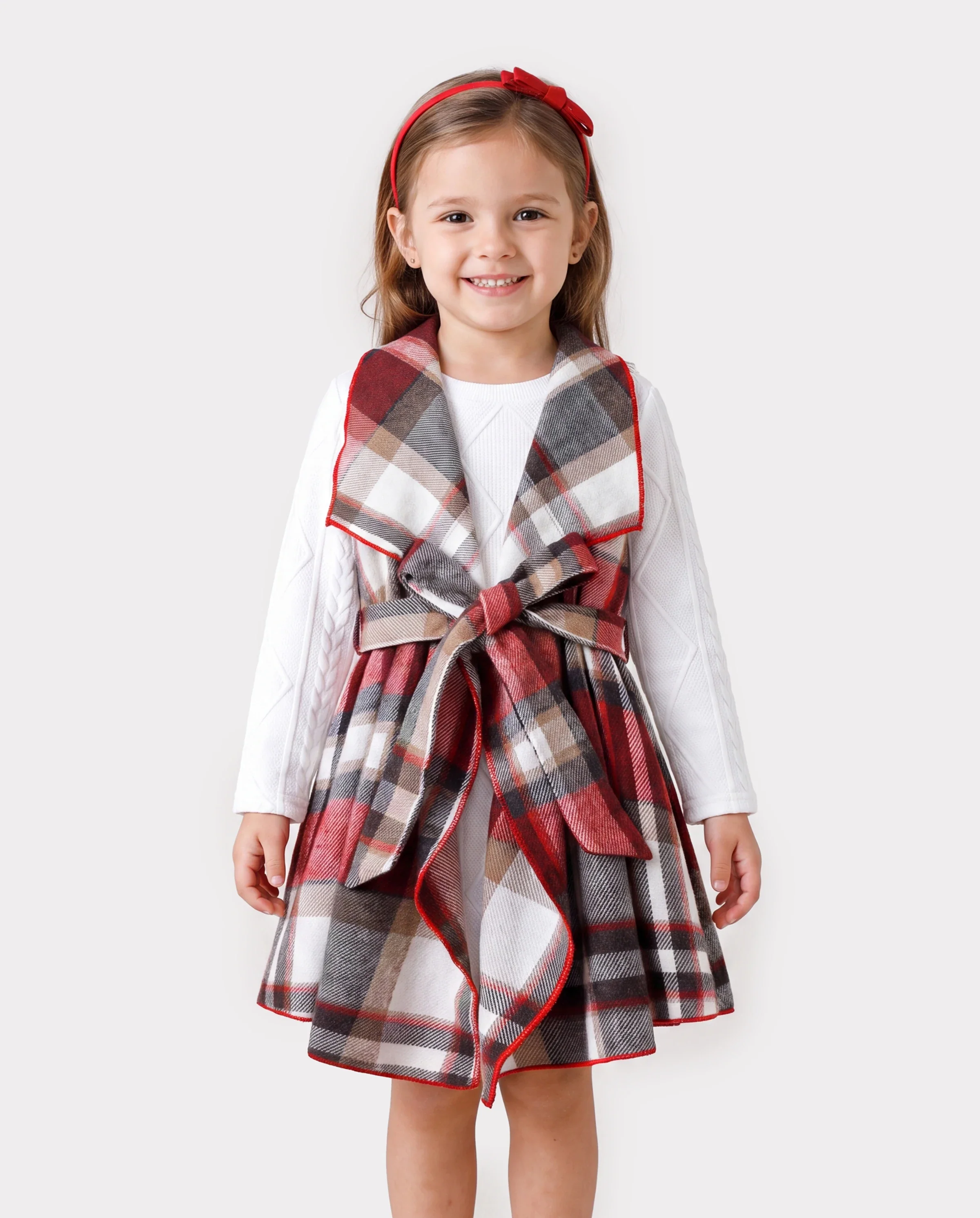3PCS Toddler Girl Asymmetrical Hemline Classic Grid Dress Set Red