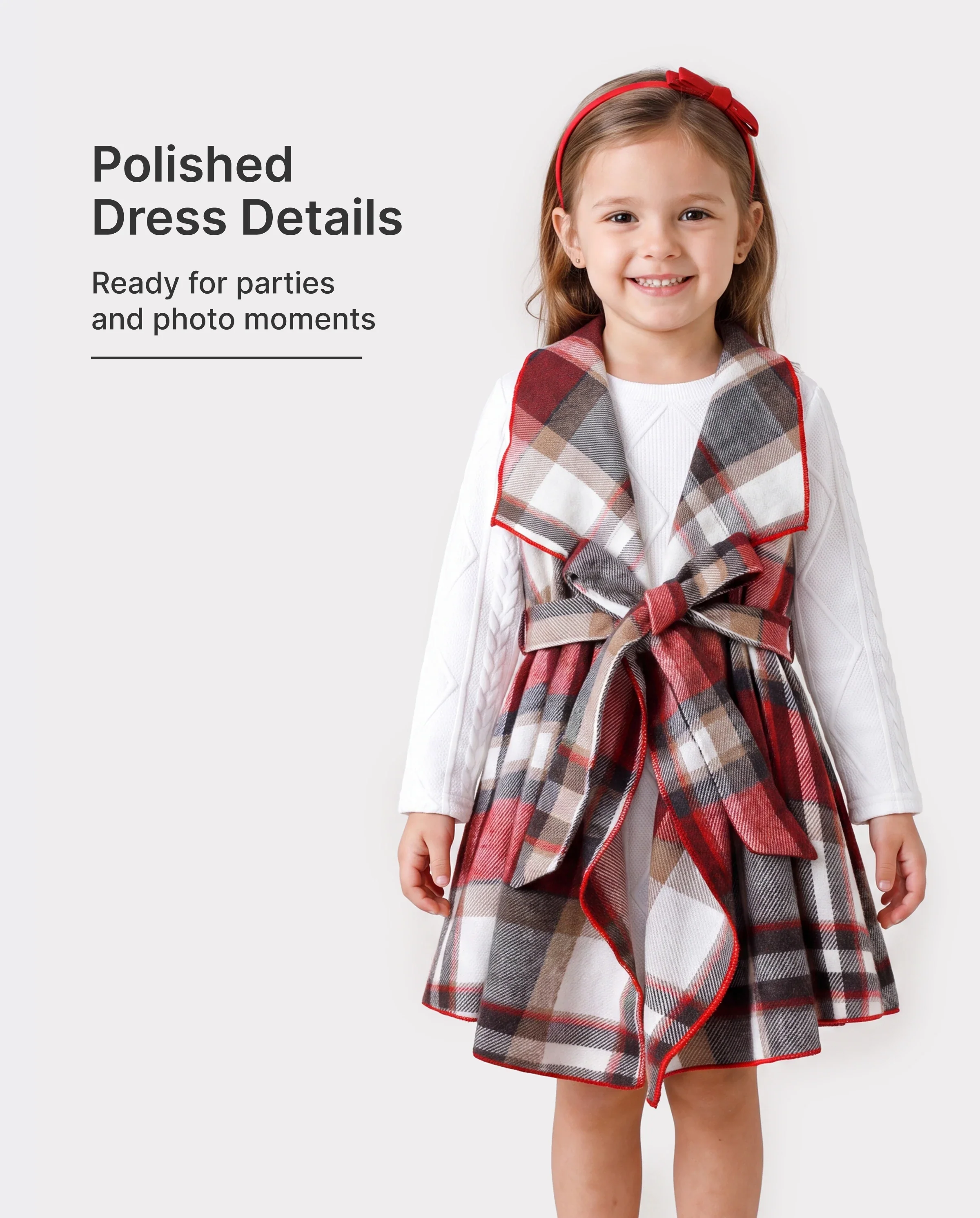 3PCS Toddler Girl Asymmetrical Hemline Classic Grid Dress Set Red - Image 2