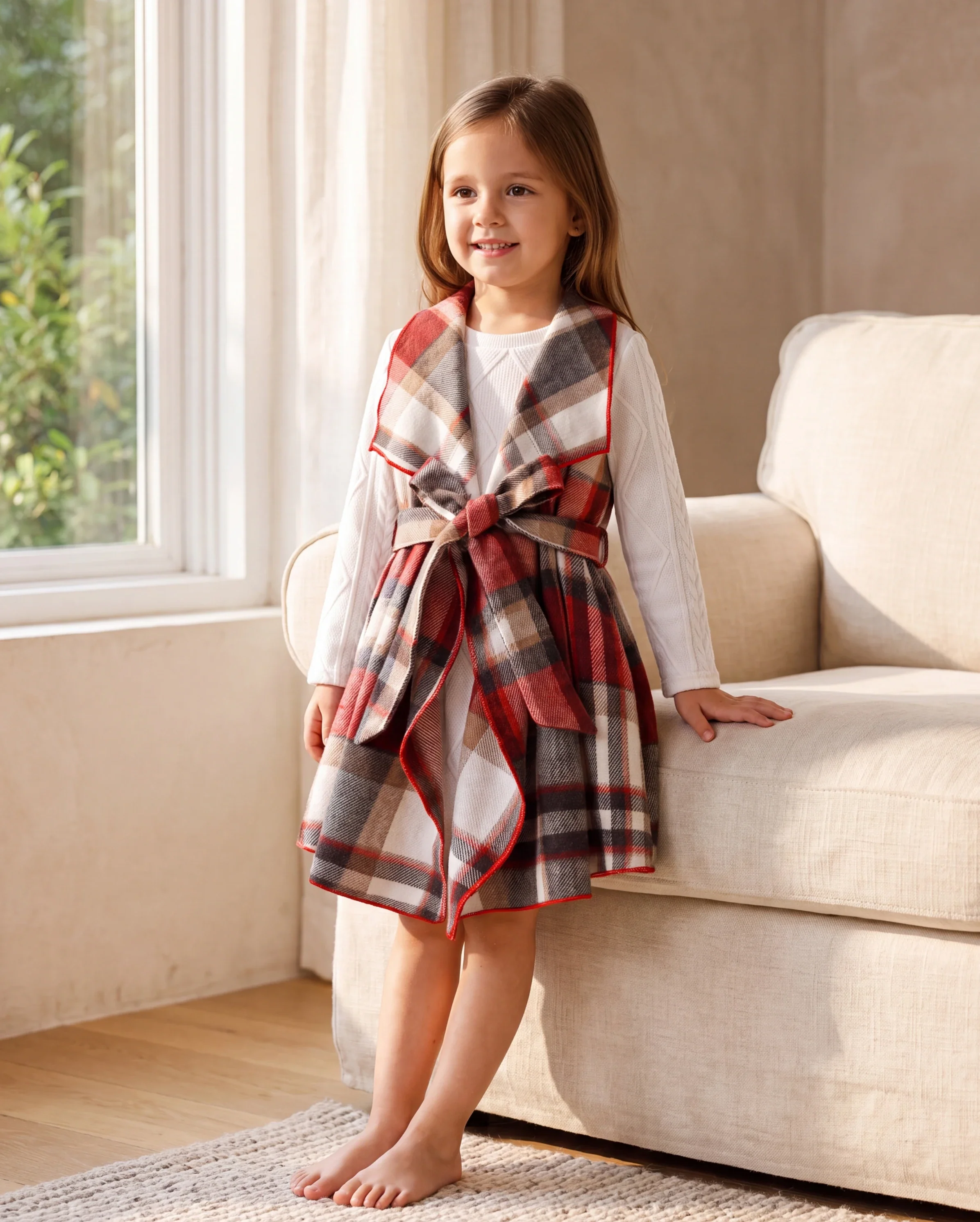 3PCS Toddler Girl Asymmetrical Hemline Classic Grid Dress Set Red - Image 7
