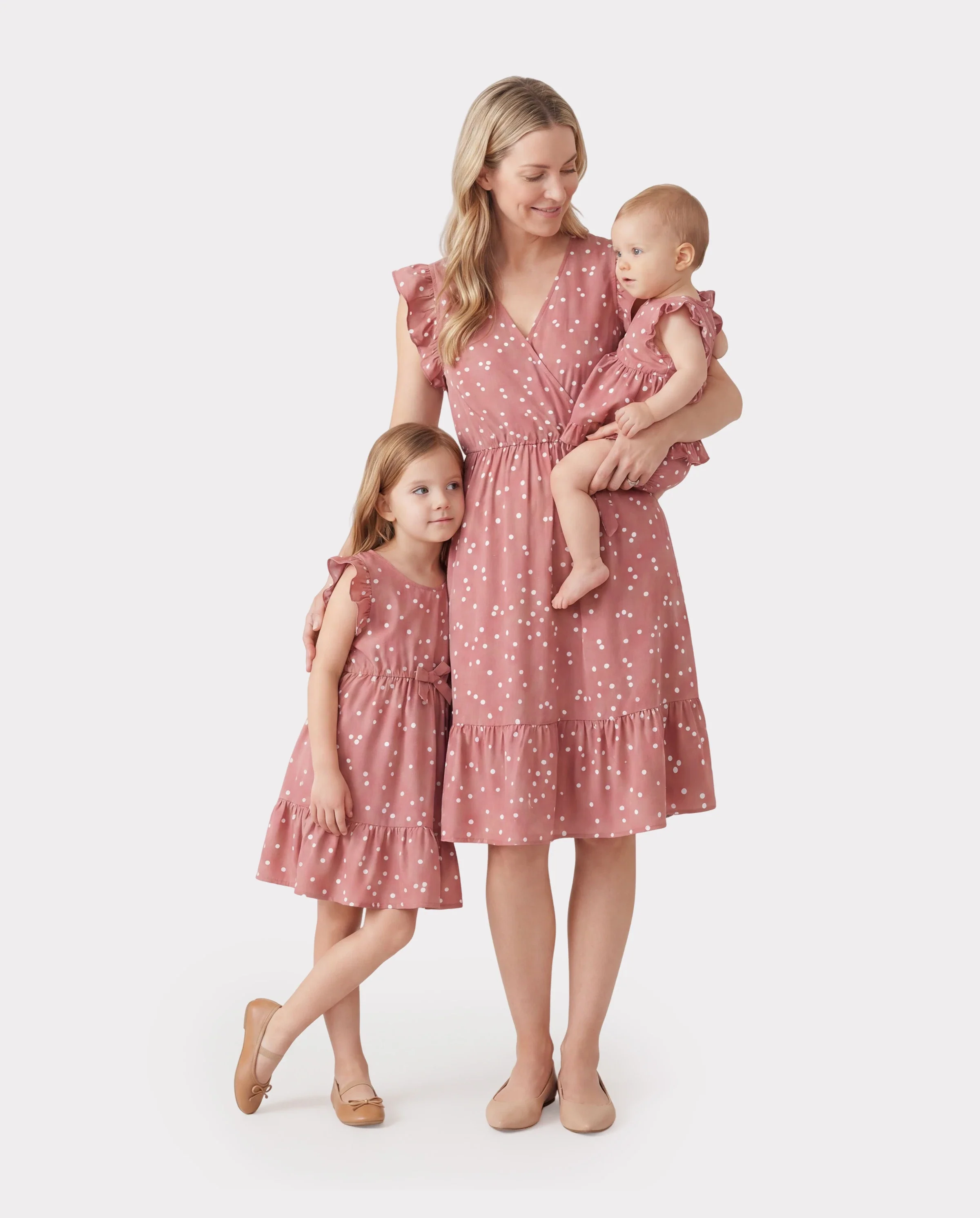 All Over Dots Pink Cross Wrap V Neck Ruffle Flutter-sleeve Dress for Mom and Me PinkyWhite