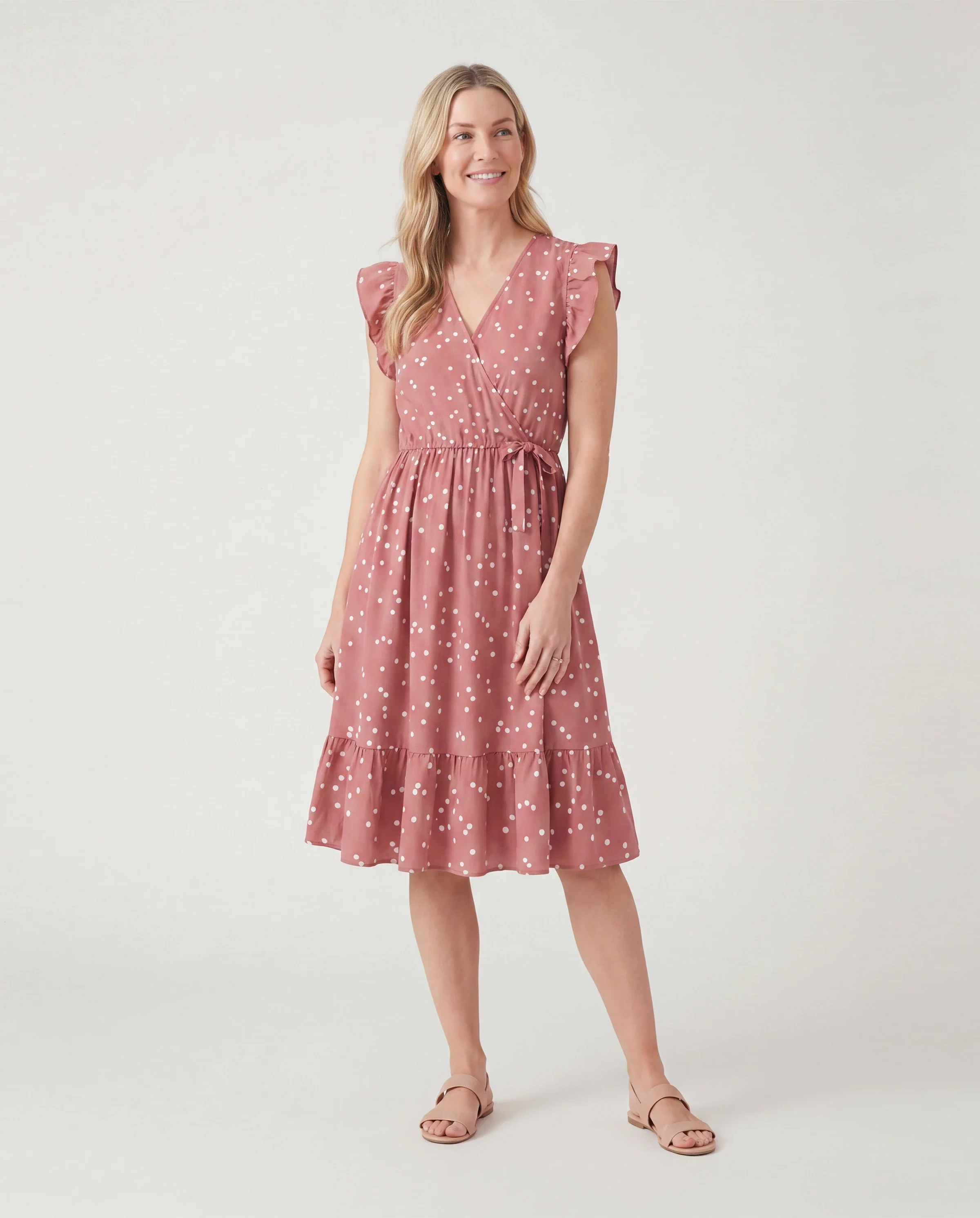 All Over Dots Pink Cross Wrap V Neck Ruffle Flutter-sleeve Dress for Mom and Me PinkyWhite - Image 2