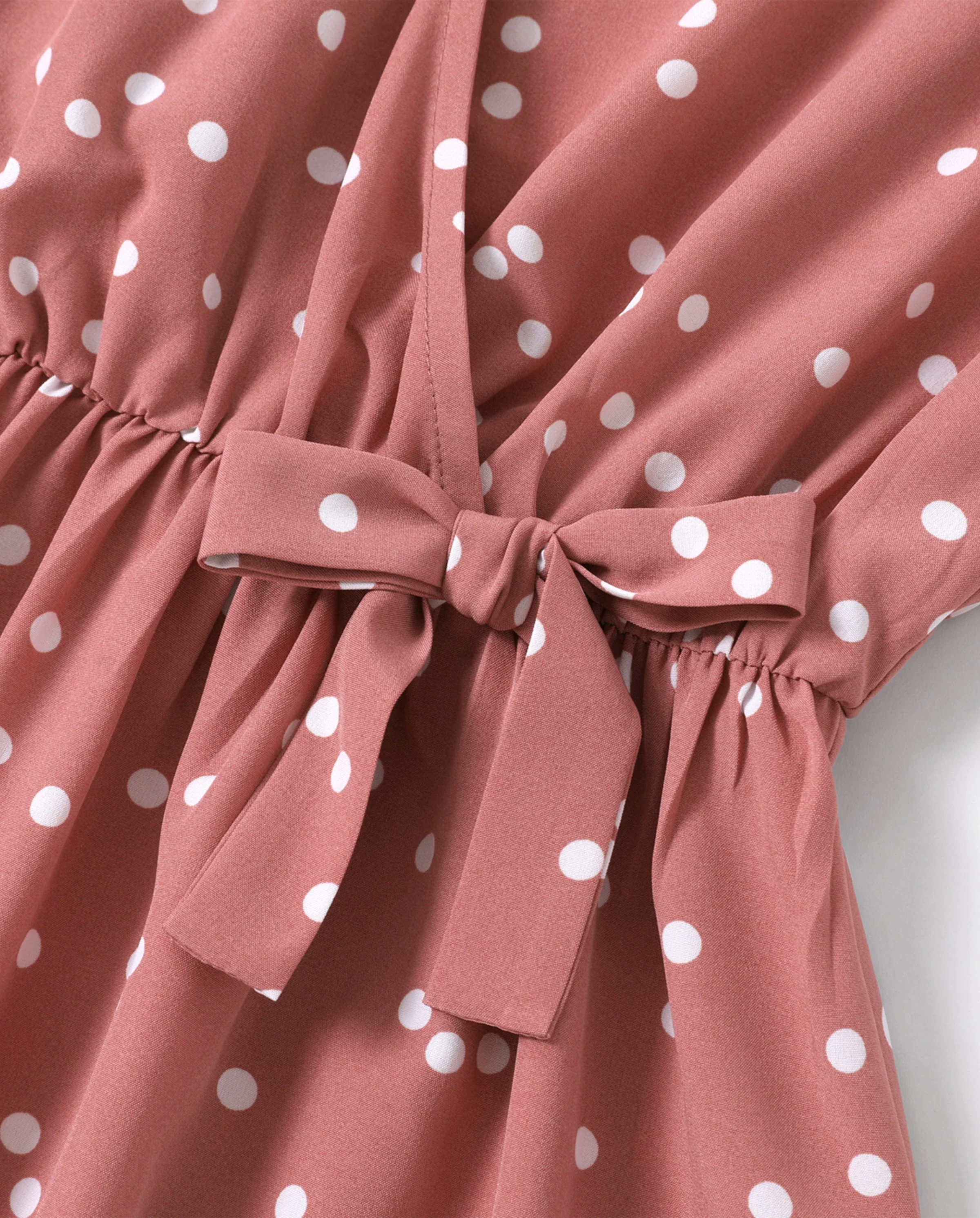 All Over Dots Pink Cross Wrap V Neck Ruffle Flutter-sleeve Dress for Mom and Me PinkyWhite - Image 6