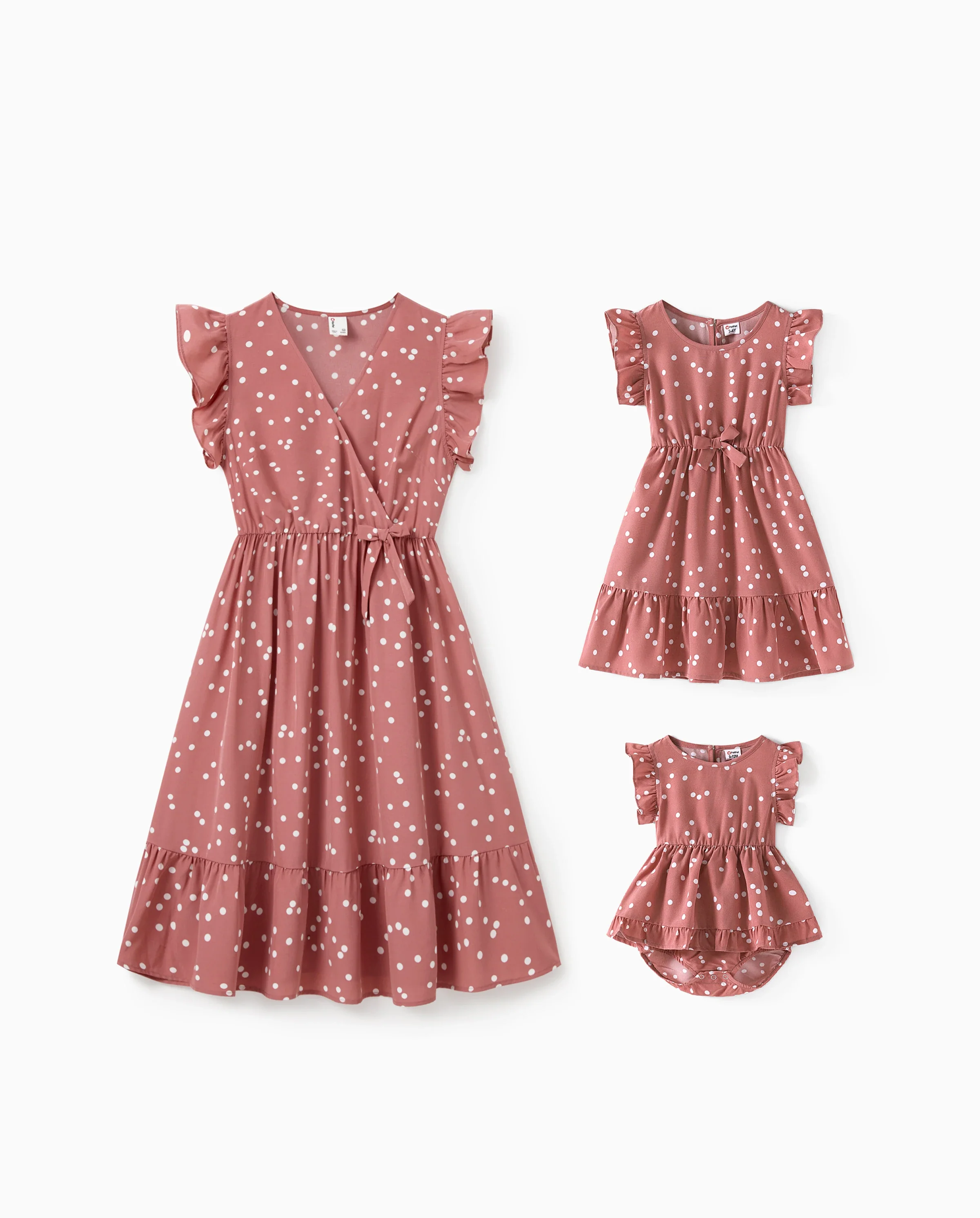 All Over Dots Pink Cross Wrap V Neck Ruffle Flutter-sleeve Dress for Mom and Me PinkyWhite - Image 8
