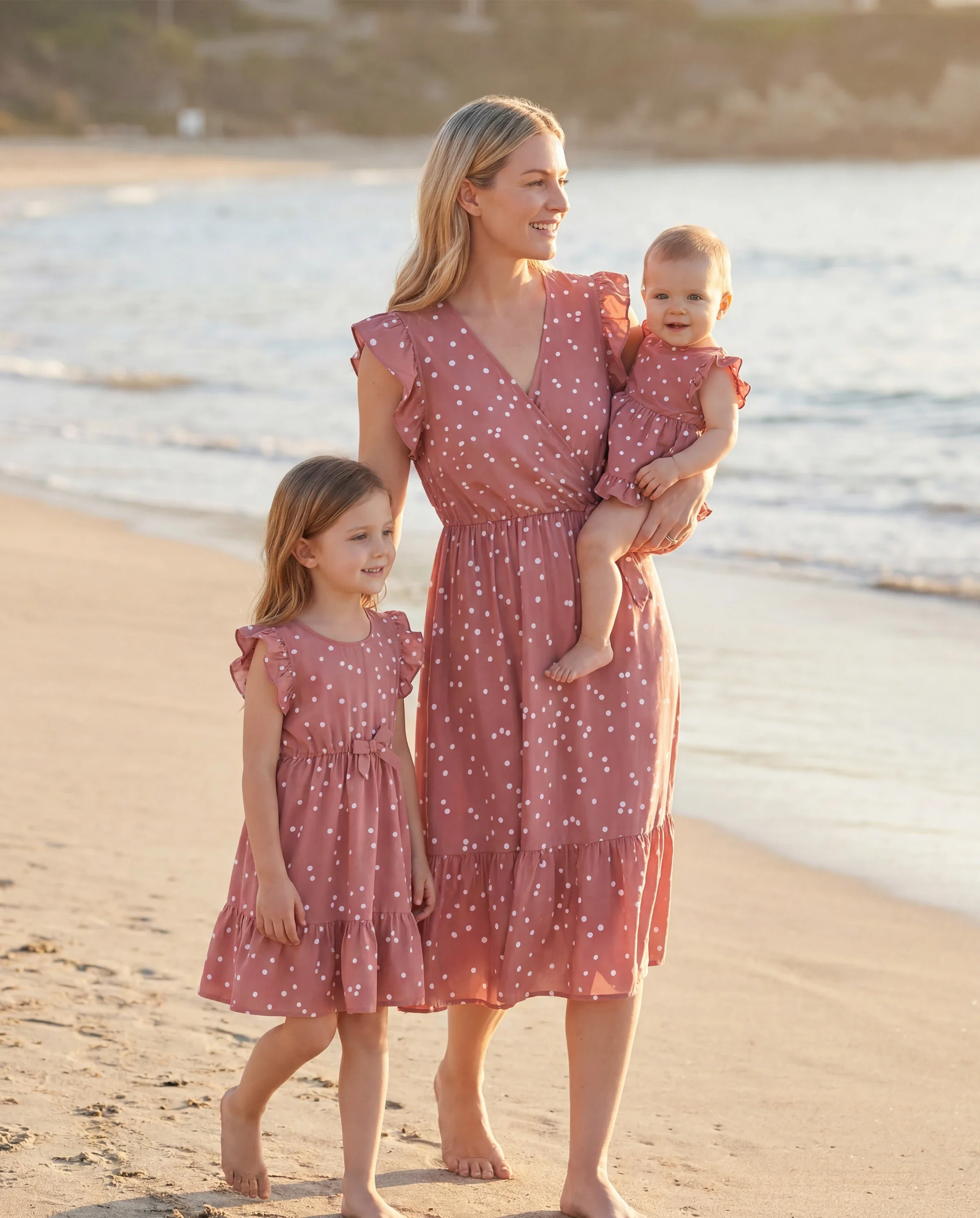 All Over Dots Pink Cross Wrap V Neck Ruffle Flutter-sleeve Dress for Mom and Me PinkyWhite - Image 9