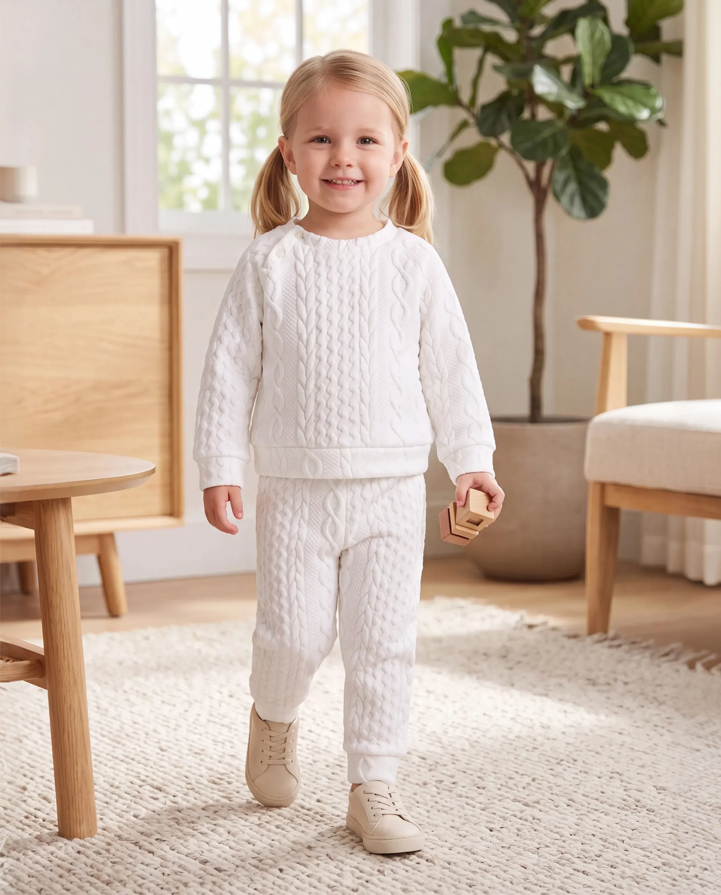 Baby Boy/Girl Clothes 2pcs Solid Knitted Sweatshirt and Pants Set White - Image 7