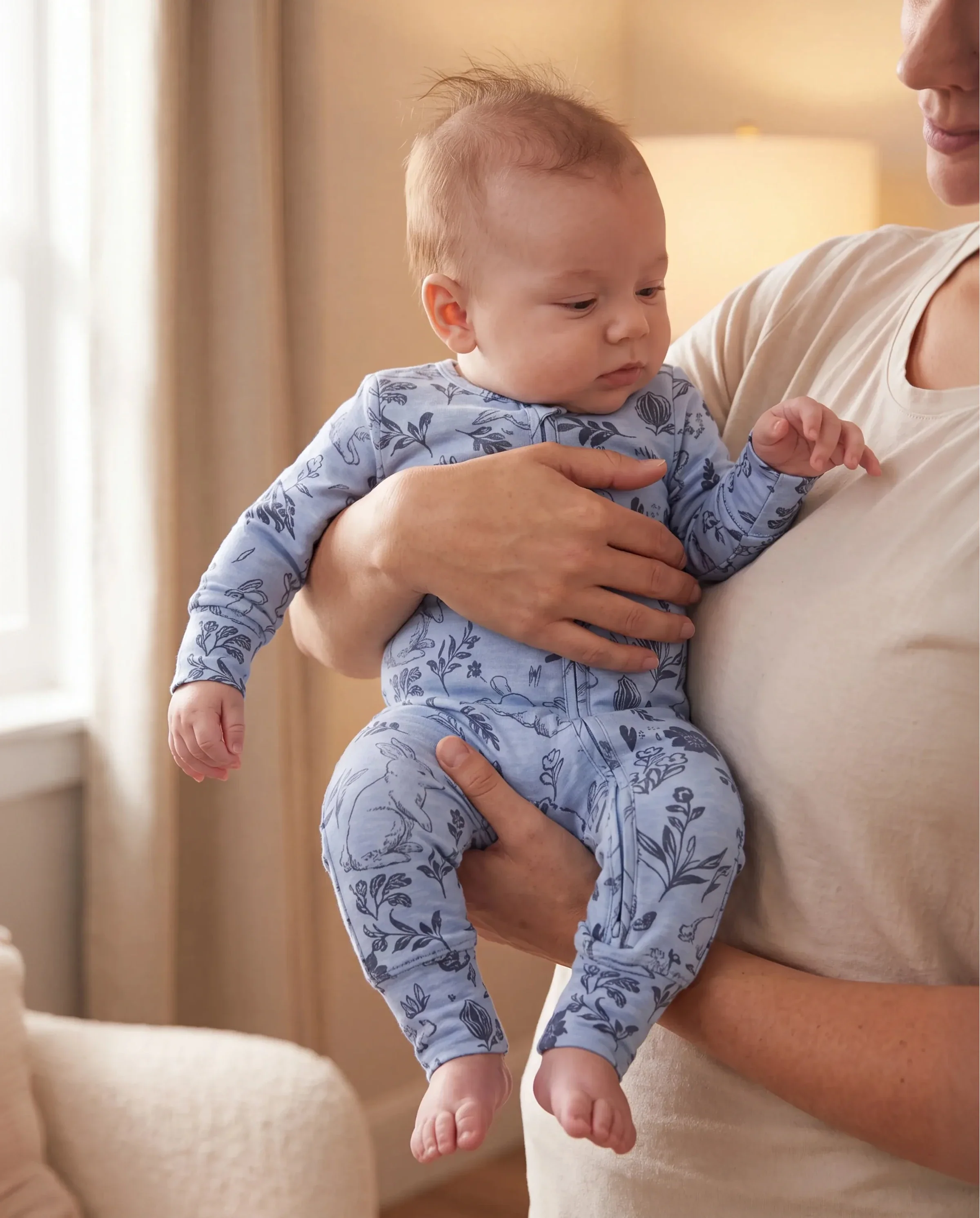 Baby Boy/Girl Plant Print Zip-up Snug-Fitting Wool Pajamas Light Blue - Image 6