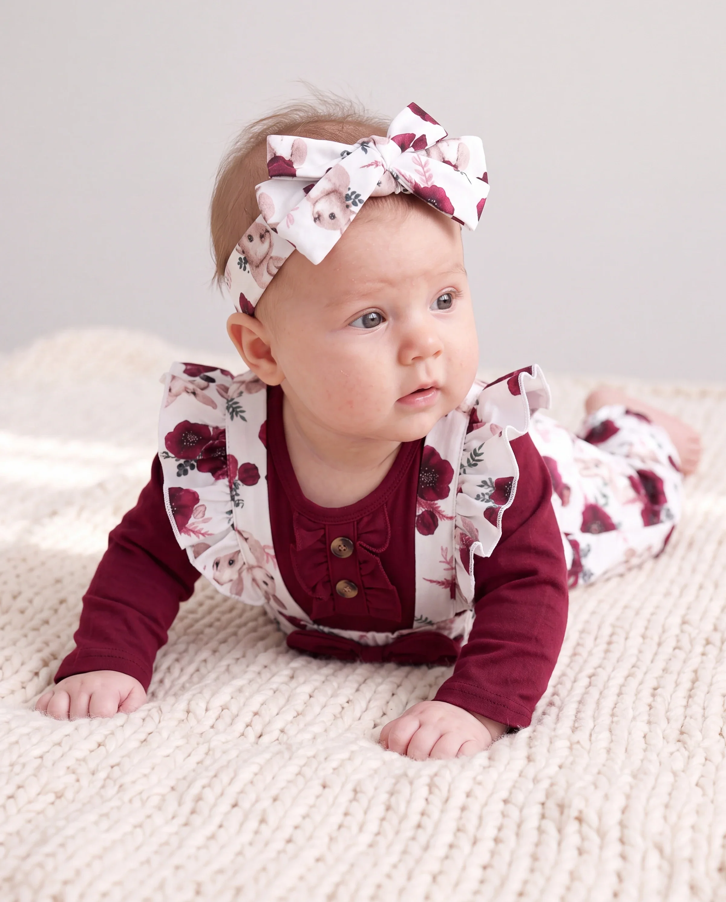 Baby Girl 3pcs Sweet Solid Romper and Floral Print Ruffled Overalls with Headband Set Burgundy - Image 3