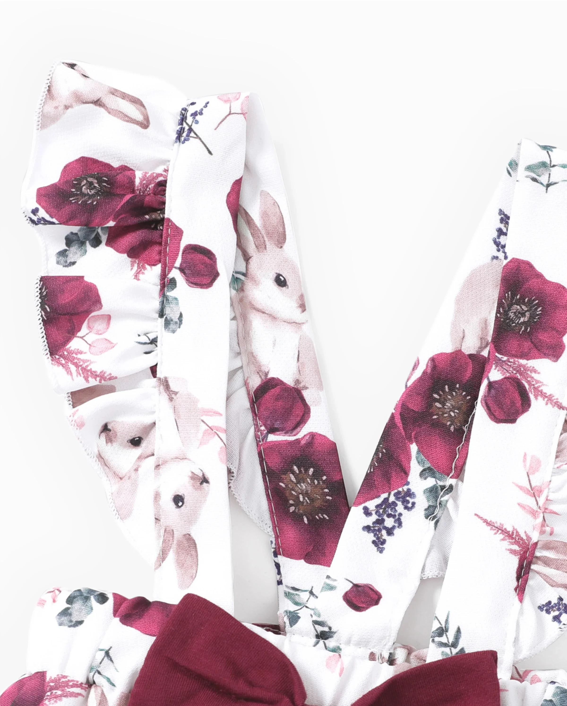 Baby Girl 3pcs Sweet Solid Romper and Floral Print Ruffled Overalls with Headband Set Burgundy - Image 5