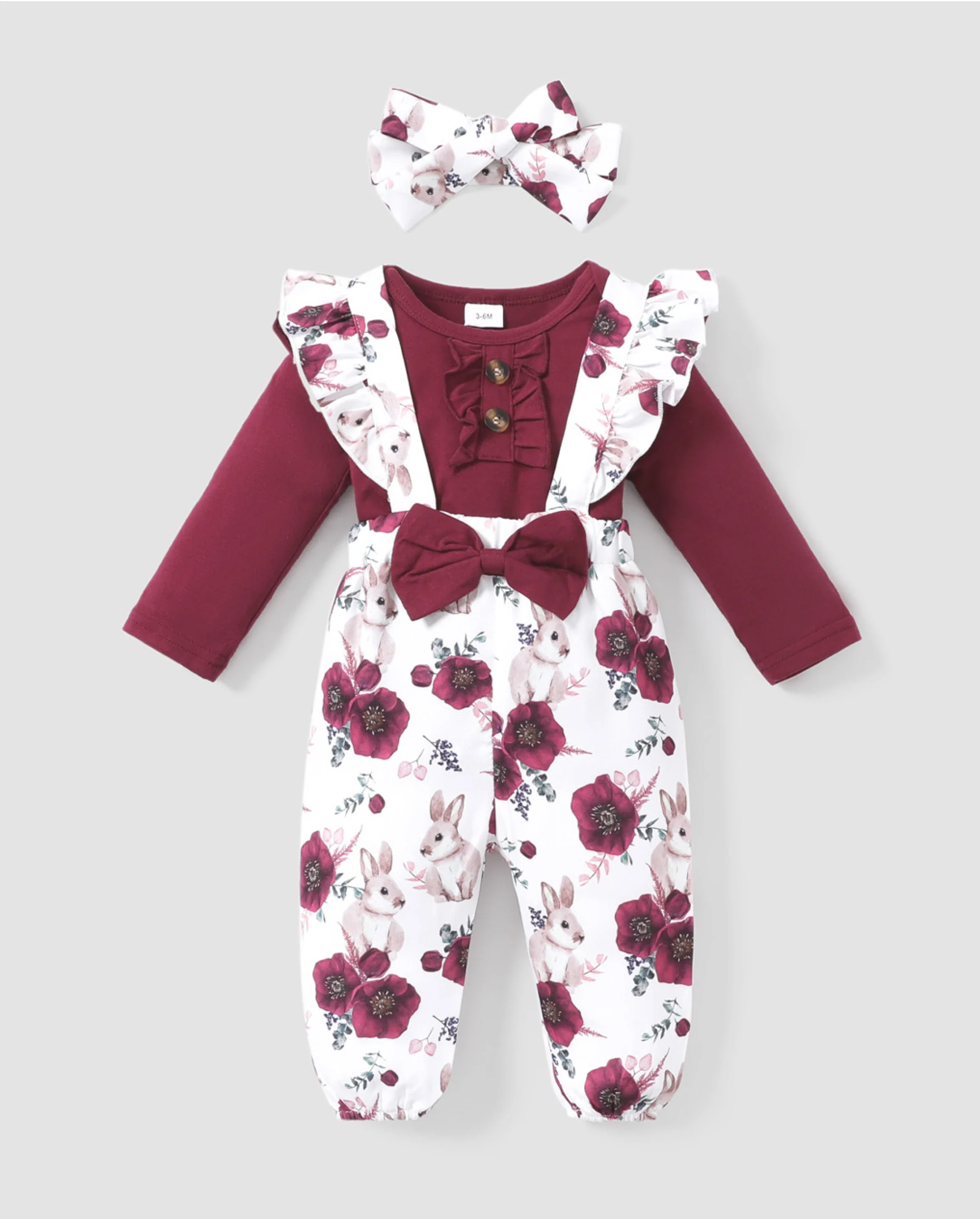 Baby Girl 3pcs Sweet Solid Romper and Floral Print Ruffled Overalls with Headband Set Burgundy - Image 6