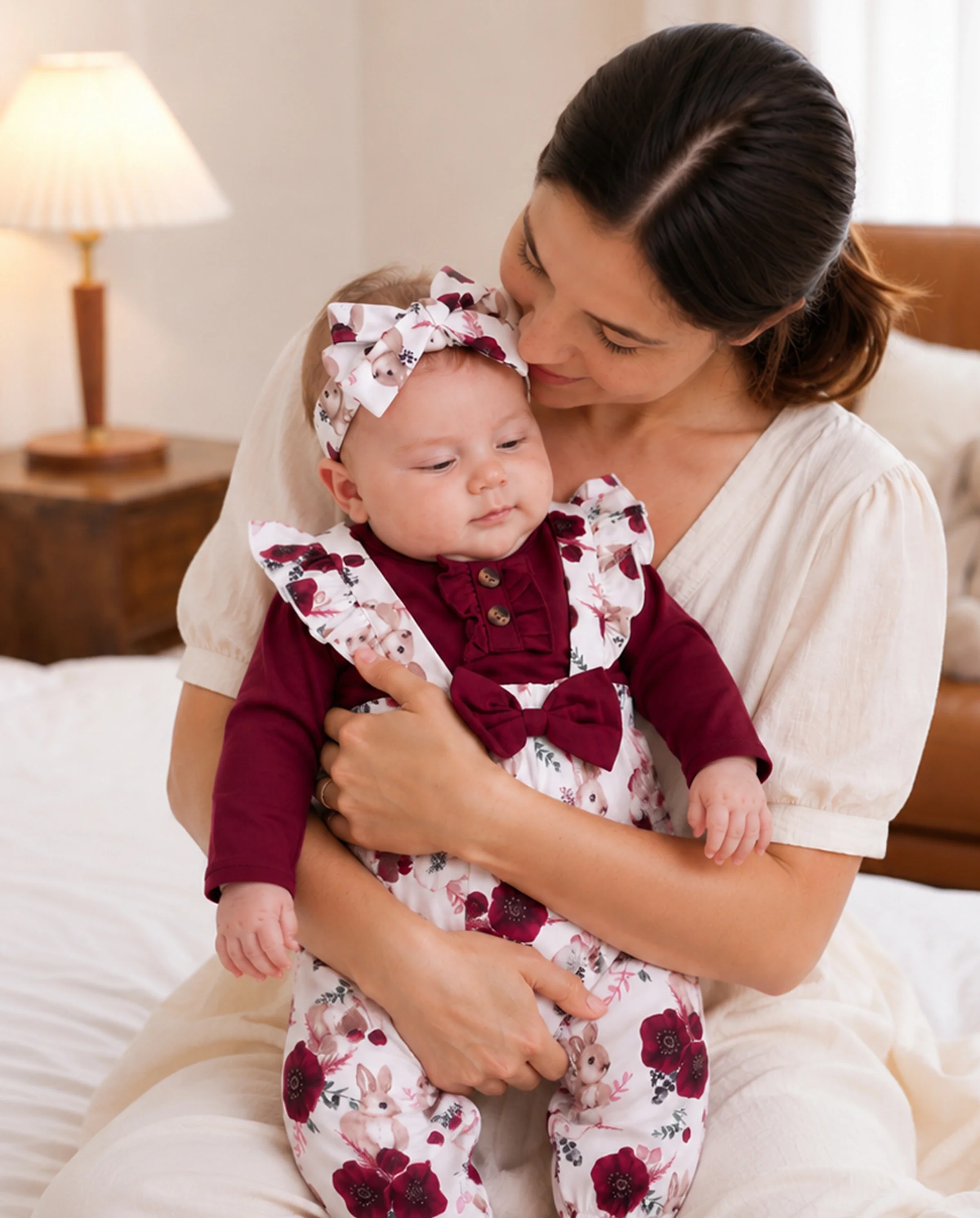 Baby Girl 3pcs Sweet Solid Romper and Floral Print Ruffled Overalls with Headband Set Burgundy - Image 7
