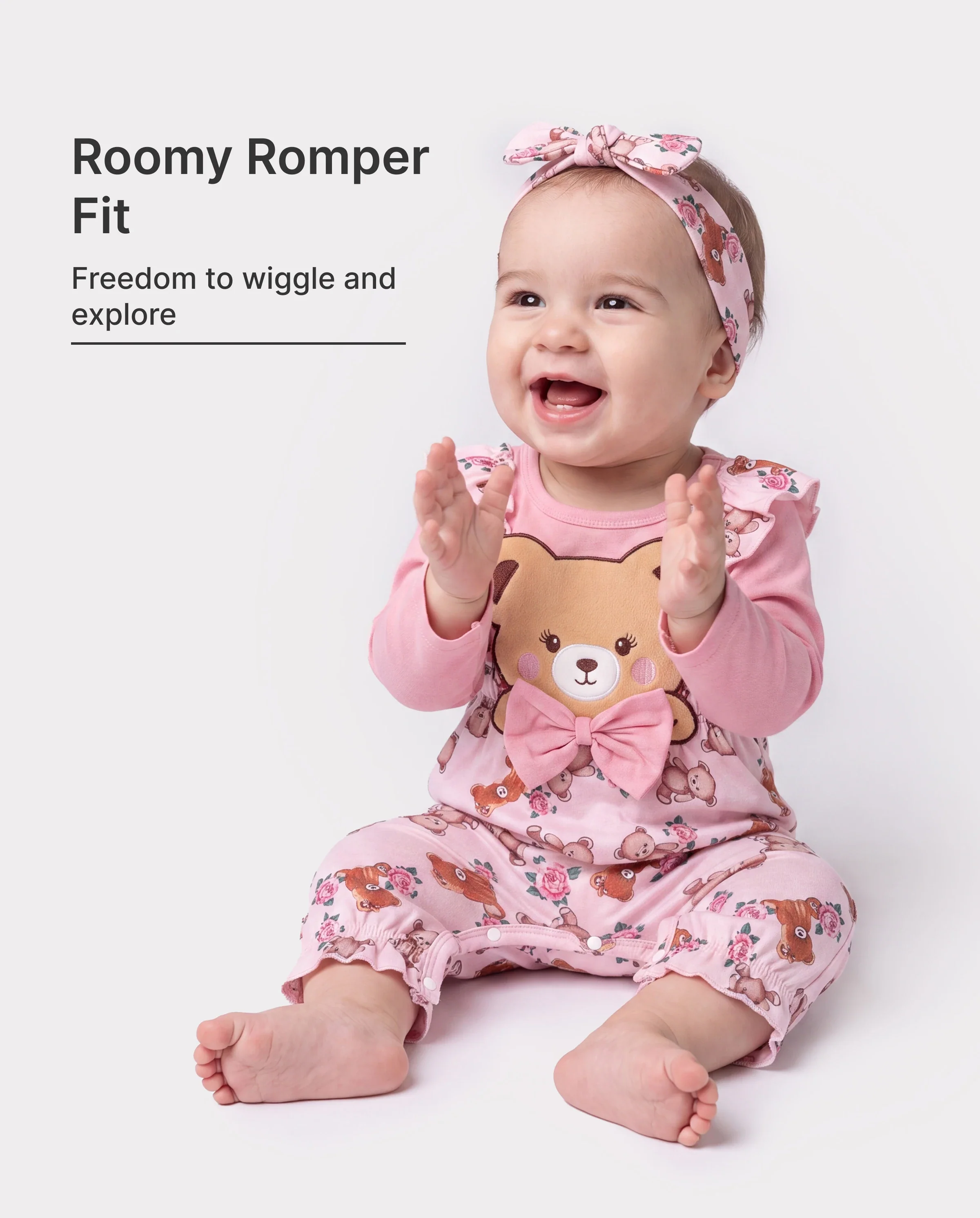 Baby Girl Bear Style Embroidered Floral Jumpsuit Pink