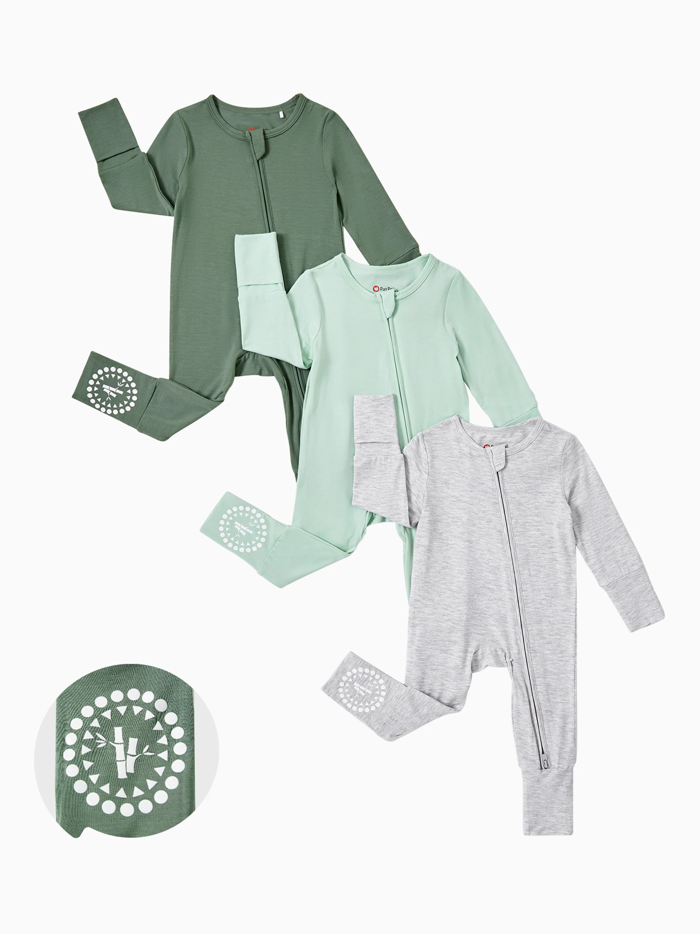Bamboo Baby Boy / Girl 3-Pack Solid&Rainbow Printed 2-Way Zipper Anti Slip Long-sleeve Footie Green