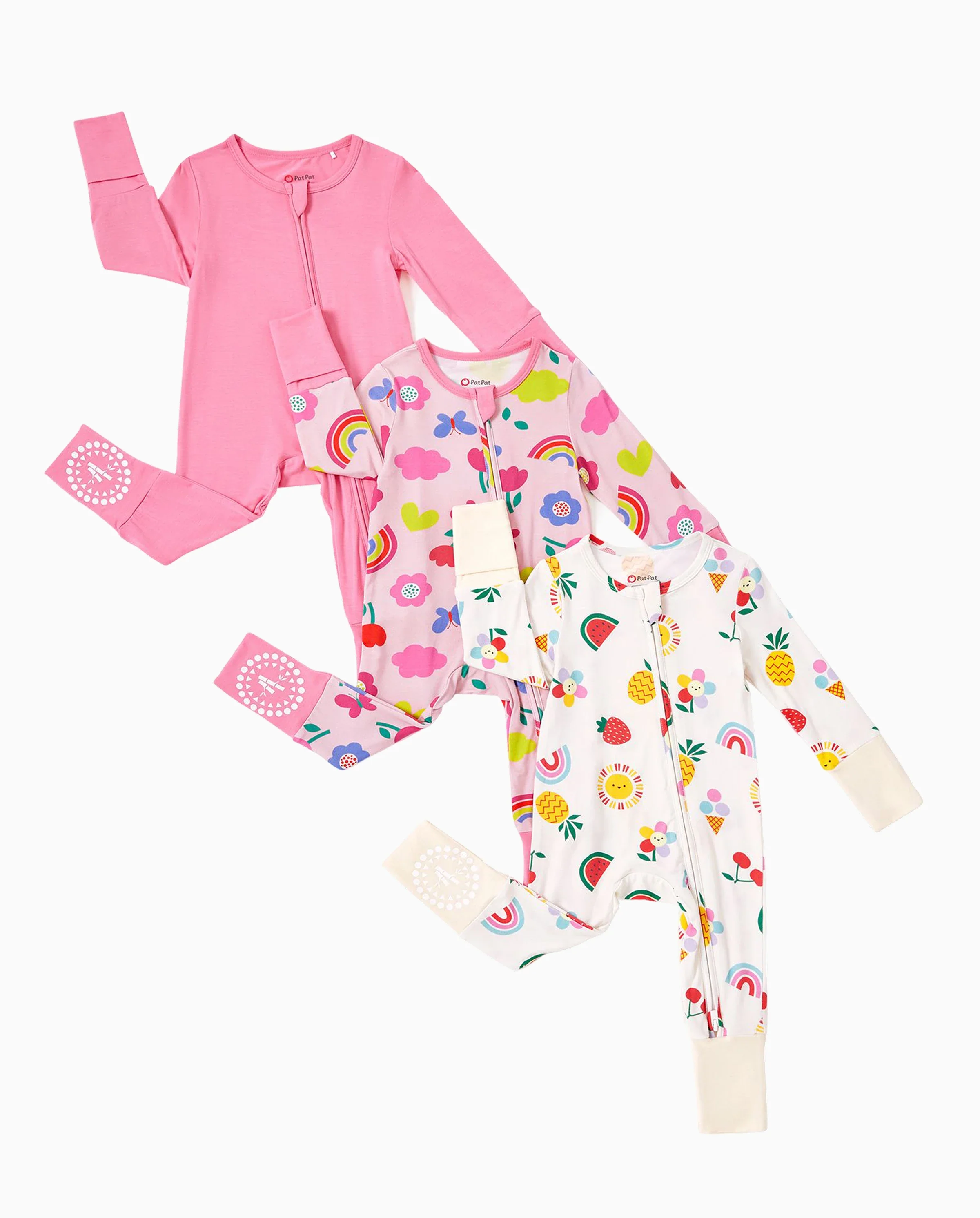 Bamboo Baby Boy / Girl 3-Pack Solid&Rainbow Printed 2-Way Zipper Anti Slip Long-sleeve Footie Pink - Image 6
