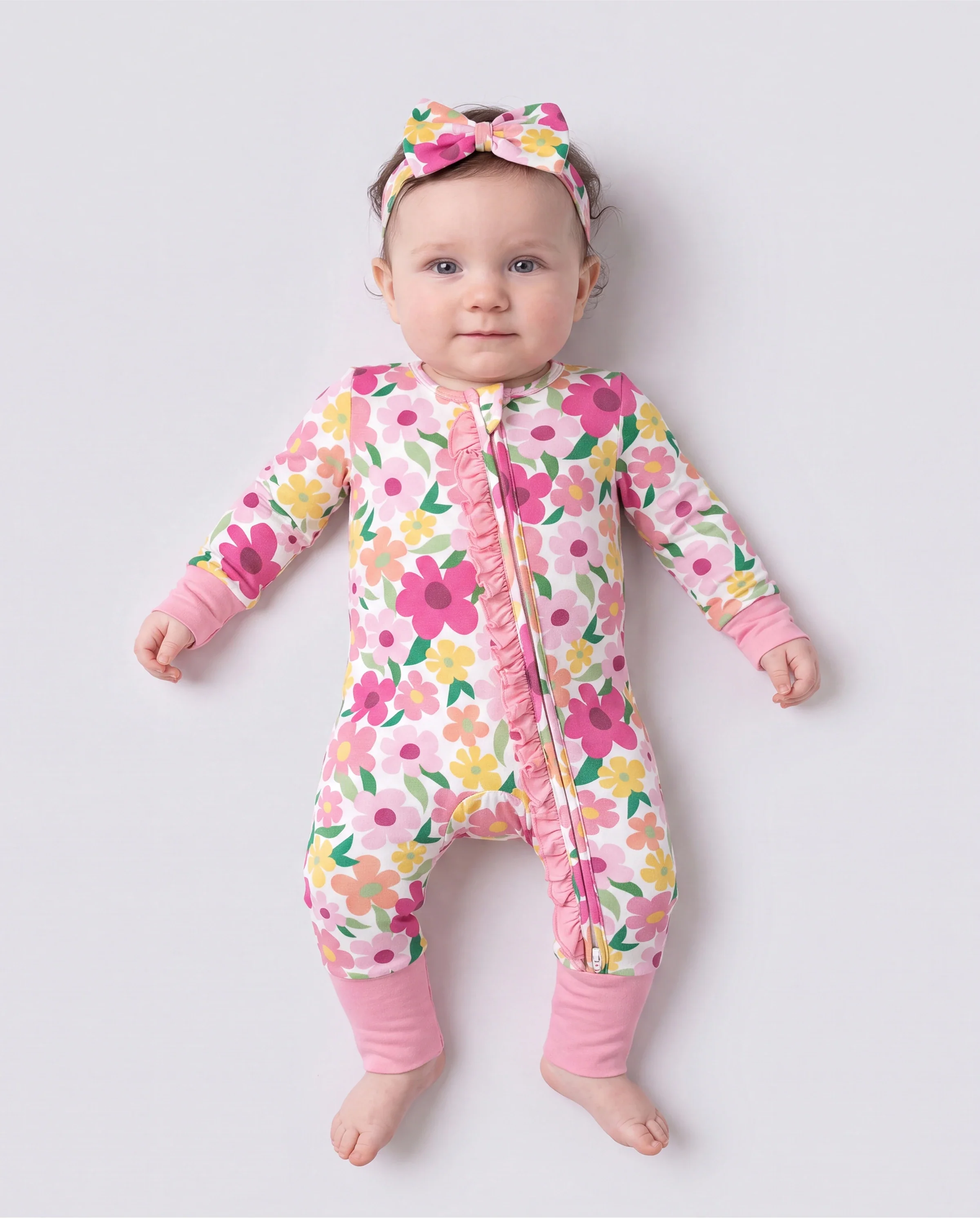 Bamboo Baby Boy/Girl Animal Printed 2-Way Zipper Anti Slip Long-sleeve Footie with/without Hairband Dark Pink - Image 3