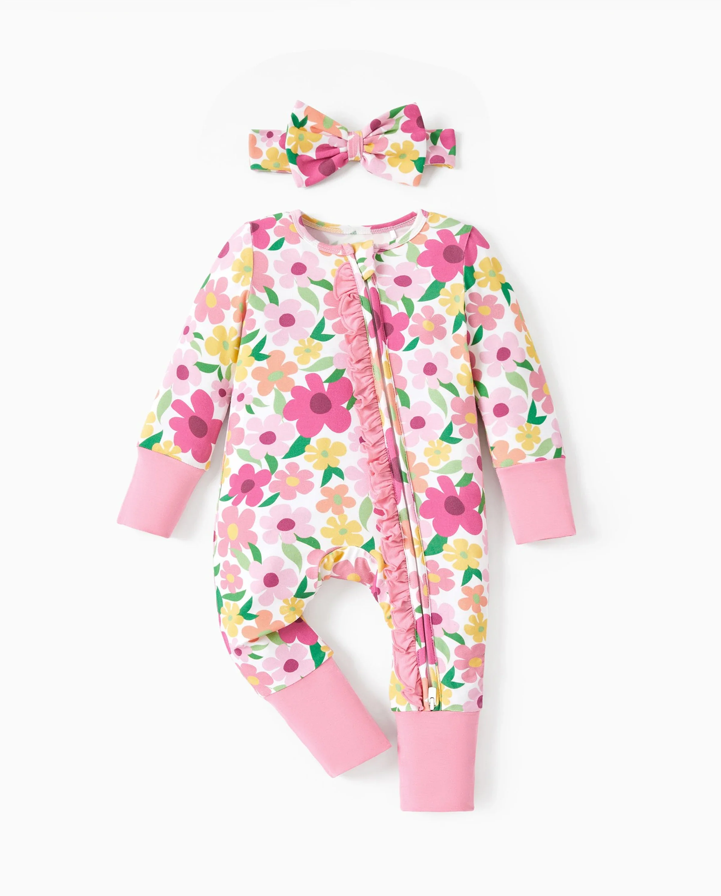 Bamboo Baby Boy/Girl Animal Printed 2-Way Zipper Anti Slip Long-sleeve Footie with/without Hairband Dark Pink - Image 6