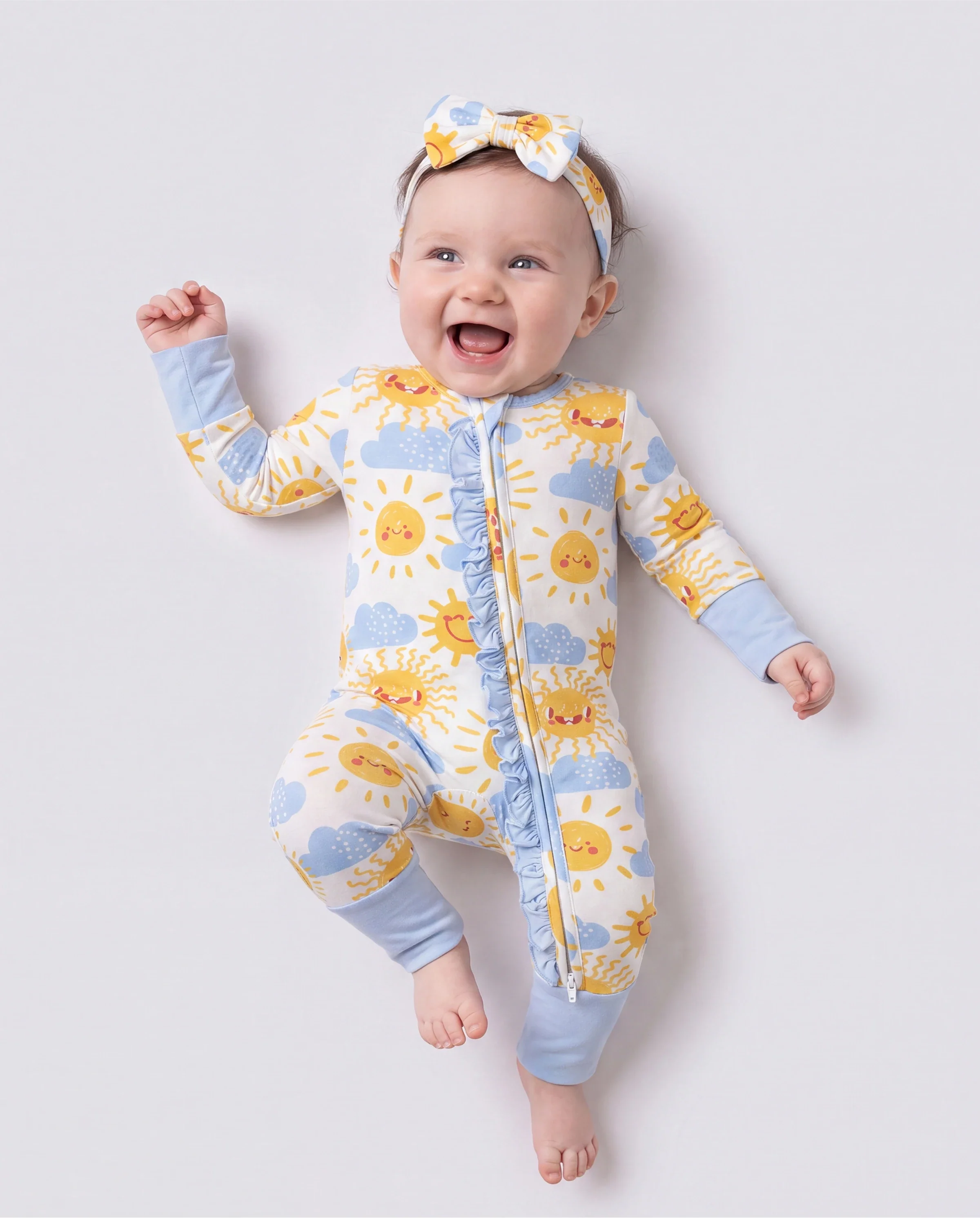 Bamboo Baby Boy/Girl Animal Printed 2-Way Zipper Anti Slip Long-sleeve Footie with/without Hairband Light Blue - Image 3