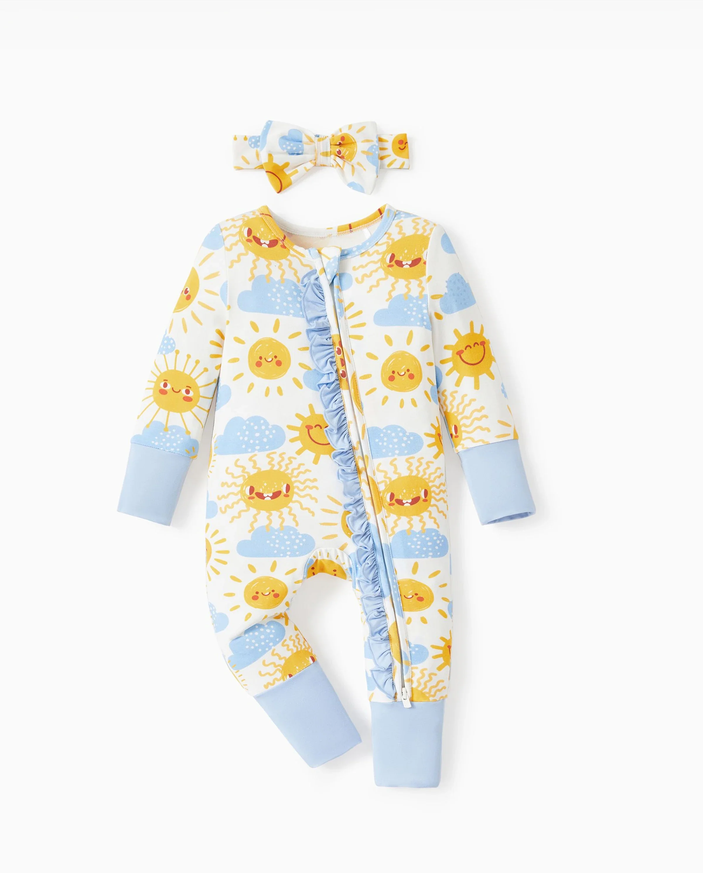 Bamboo Baby Boy/Girl Animal Printed 2-Way Zipper Anti Slip Long-sleeve Footie with/without Hairband Light Blue - Image 6