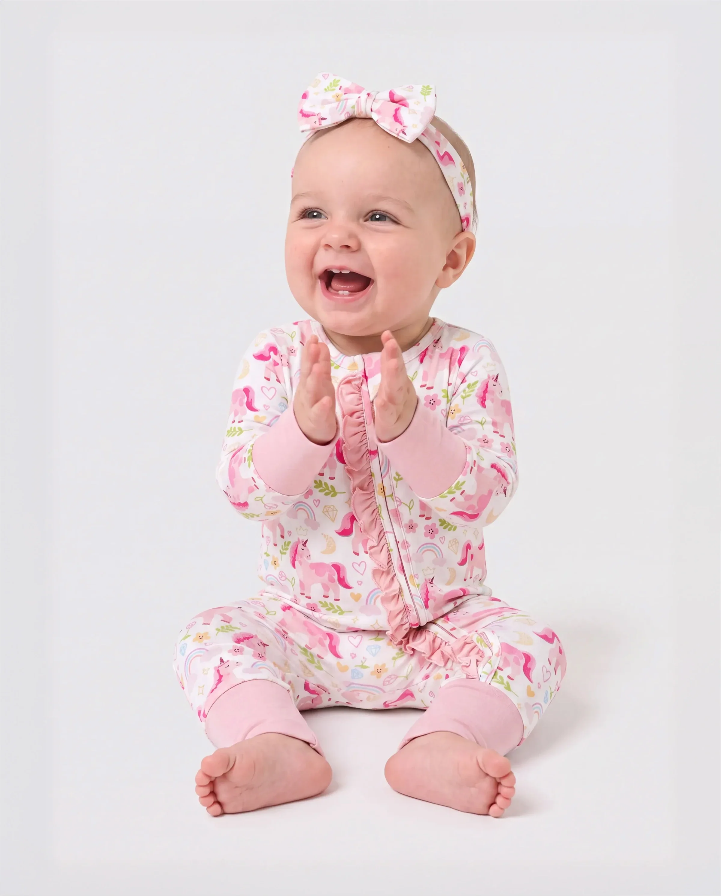 Bamboo Baby Boy/Girl Animal Printed 2-Way Zipper Anti Slip Long-sleeve Footie with/without Hairband Pink - Image 3