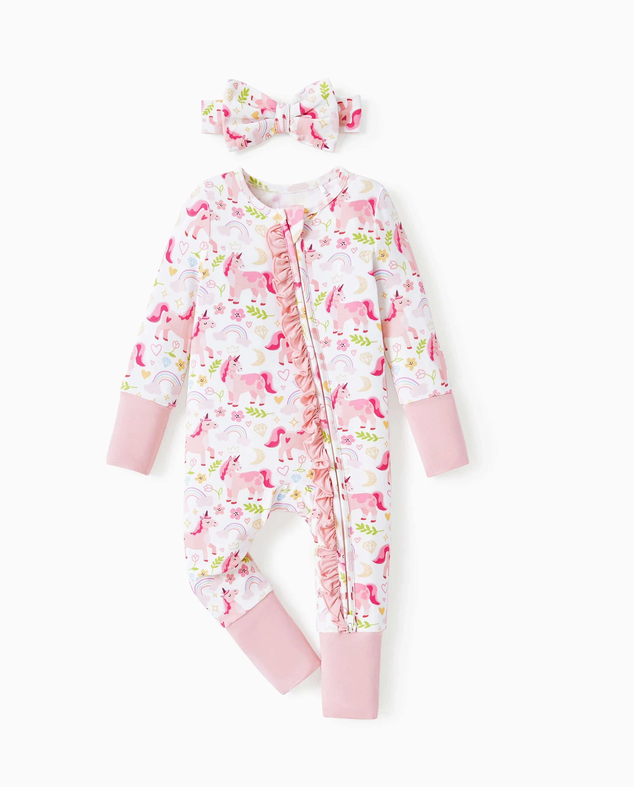 Bamboo Baby Boy/Girl Animal Printed 2-Way Zipper Anti Slip Long-sleeve Footie with/without Hairband Pink - Image 6