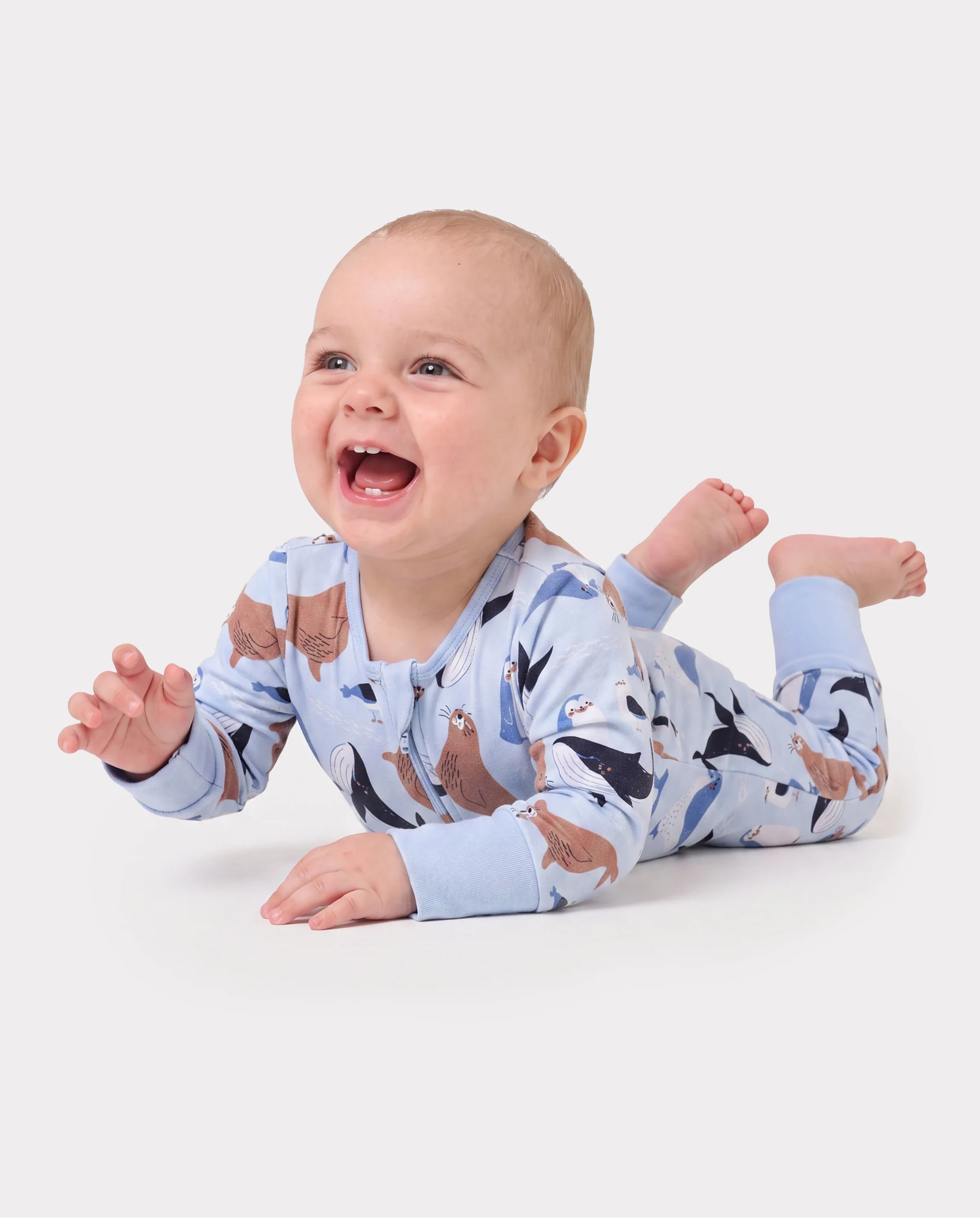 Bamboo Baby Boy/Girl Animal Printed 2-Way Zip Onesies Anti Slip Long-sleeve Footie with Hairband Royal Blue