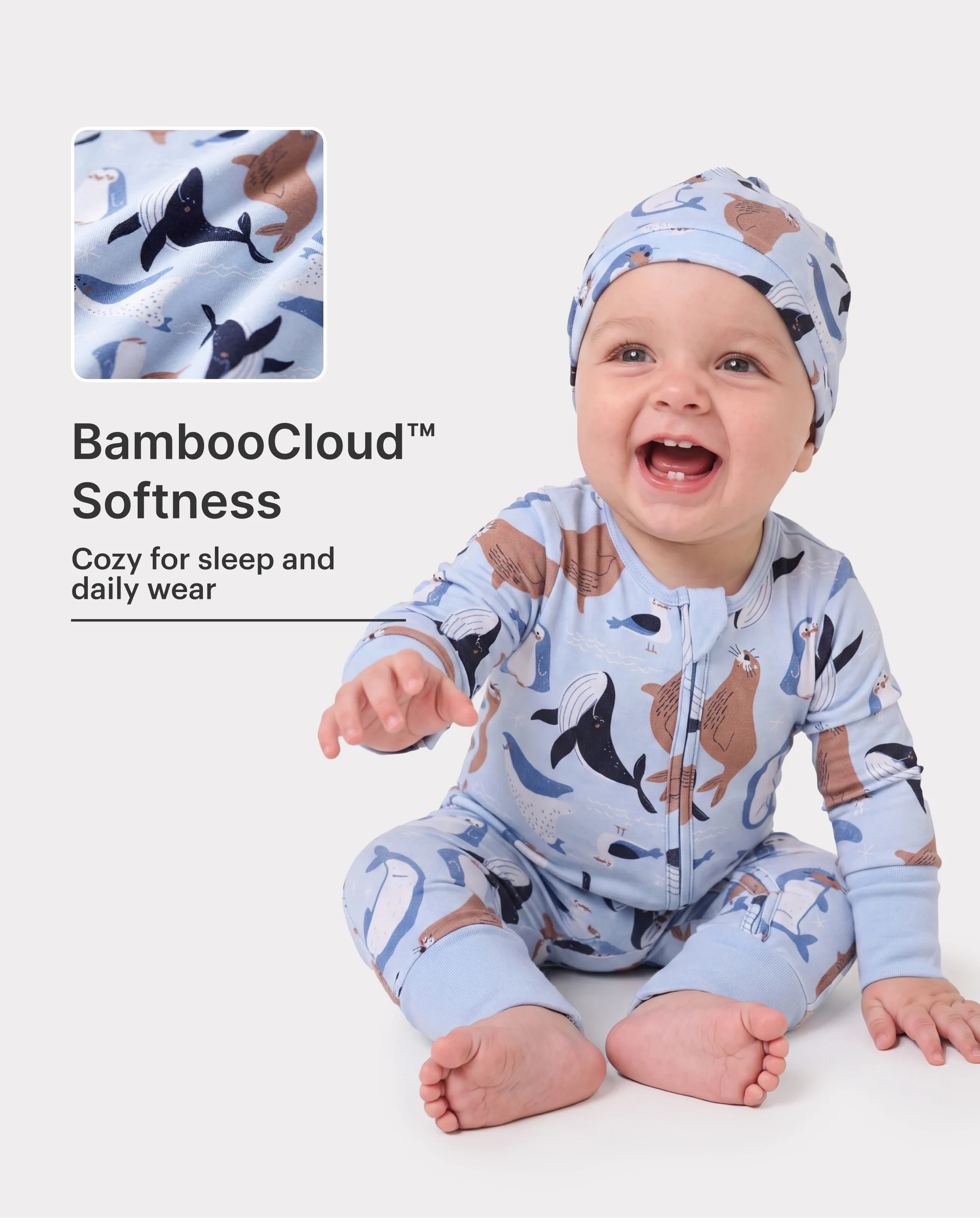 Bamboo Baby Boy/Girl Animal Printed 2-Way Zip Onesies Anti Slip Long-sleeve Footie with Hairband Royal Blue - Image 2