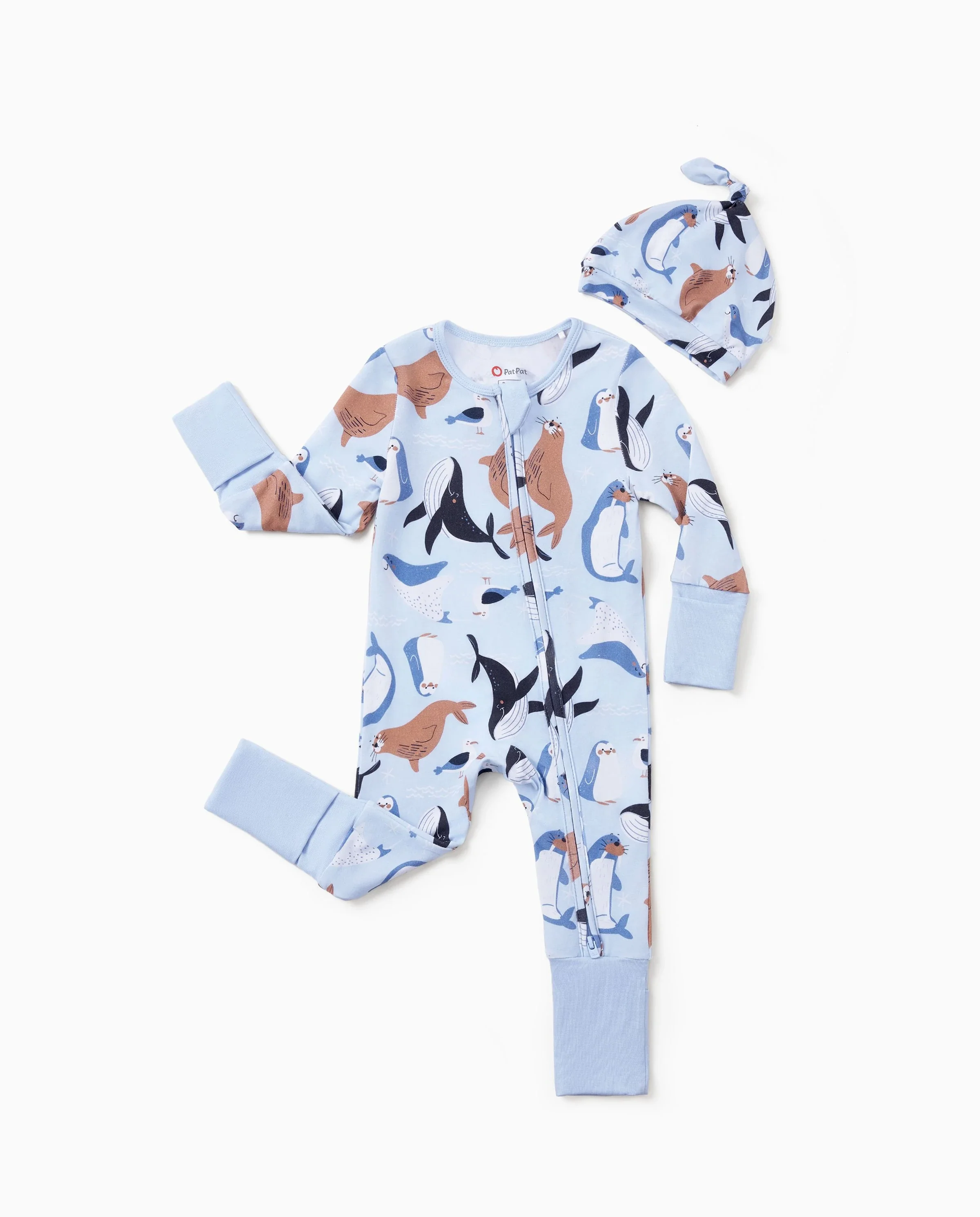 Bamboo Baby Boy/Girl Animal Printed 2-Way Zip Onesies Anti Slip Long-sleeve Footie with Hairband Royal Blue - Image 6
