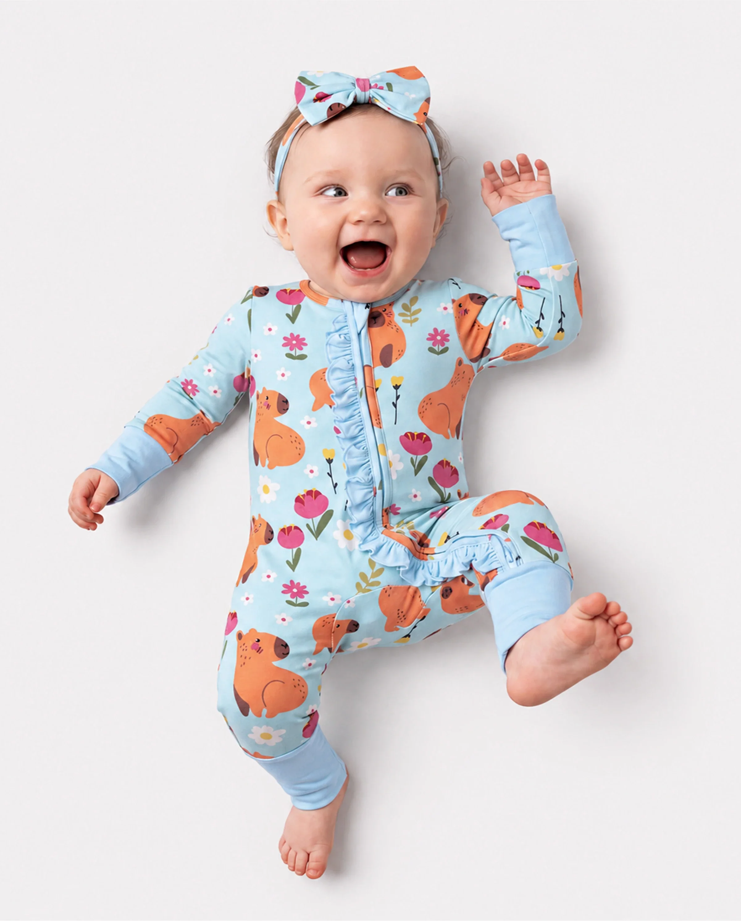 Bamboo Baby Boy/Girl Animal Printed 2-Way Zipper Anti Slip Long-sleeve Footie with/without Hairband Turquoise - Image 3