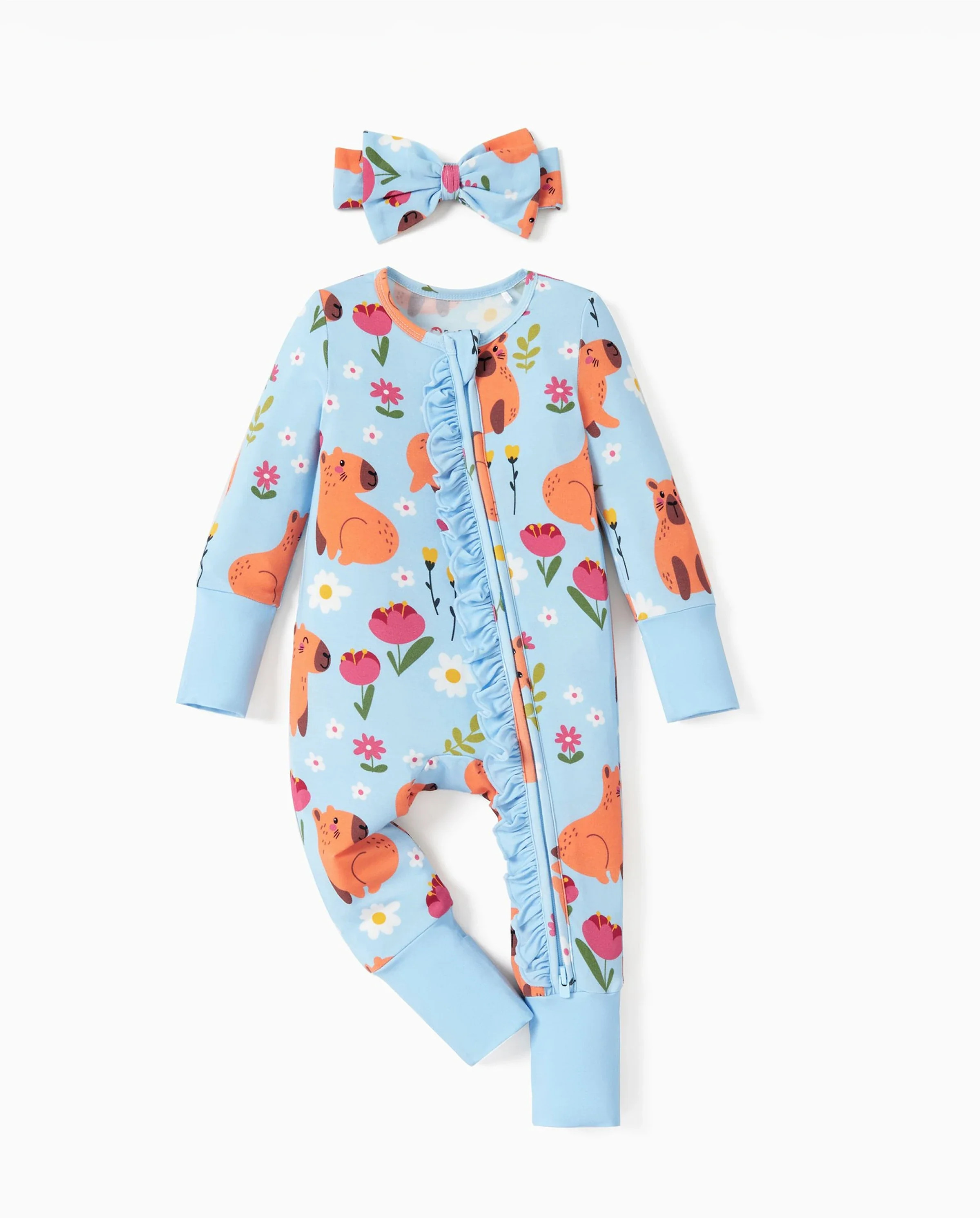 Bamboo Baby Boy/Girl Animal Printed 2-Way Zipper Anti Slip Long-sleeve Footie with/without Hairband Turquoise - Image 6