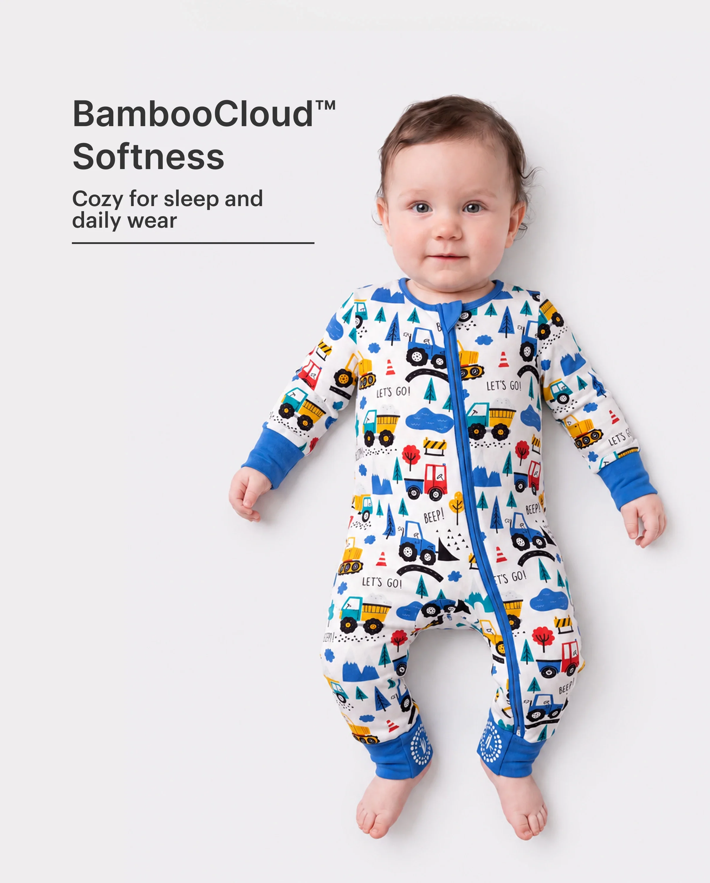 Bamboo Baby Boy/Girl Cartoon Printed 2-Way Zip Onesies Anti Slip Long-sleeve Footie Blue - Image 2