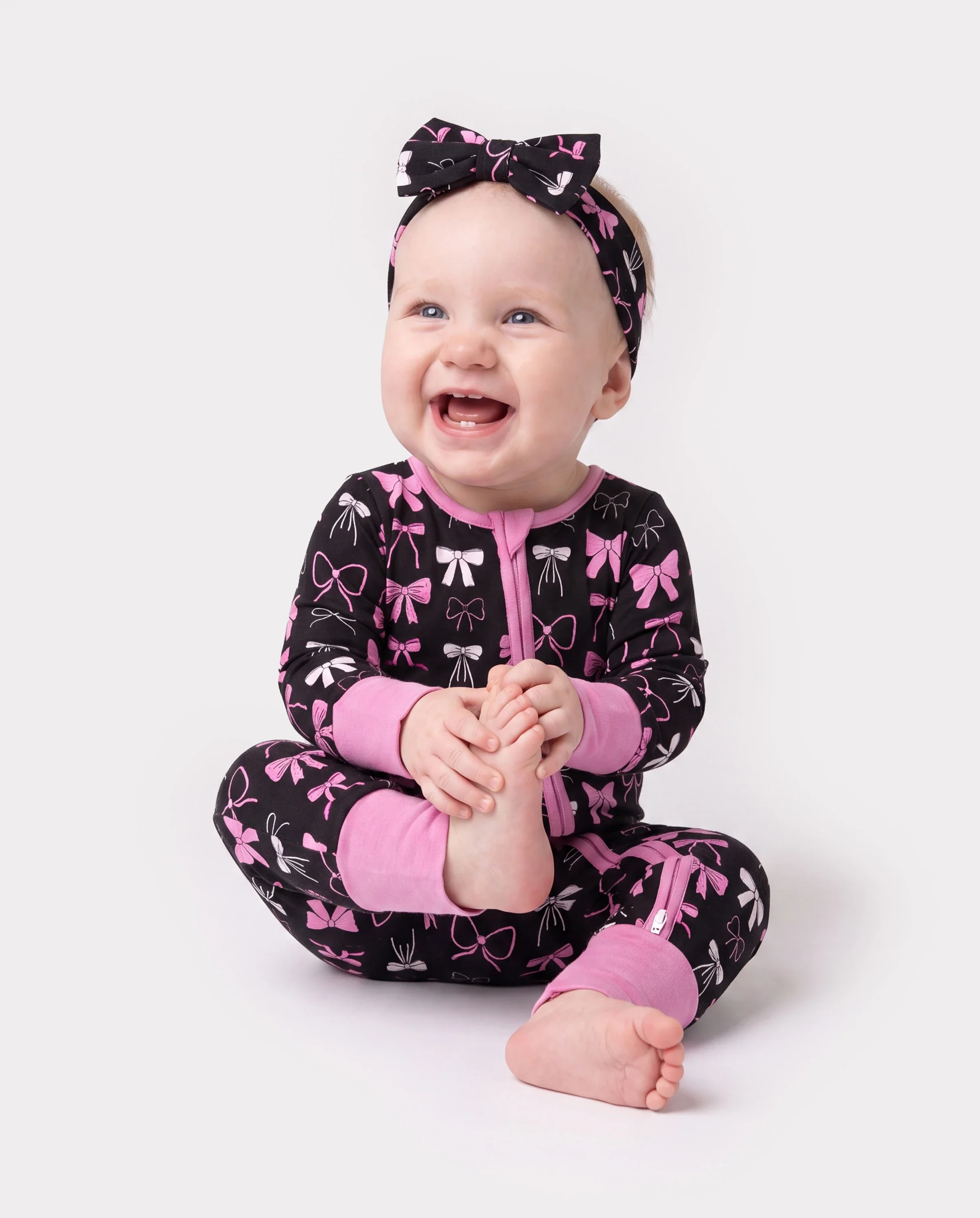 Bamboo Baby Girl Elegant Printed 2-Way Zip Onesies Anti Slip Long-sleeve Footie with Hairband Pink purple - Image 3